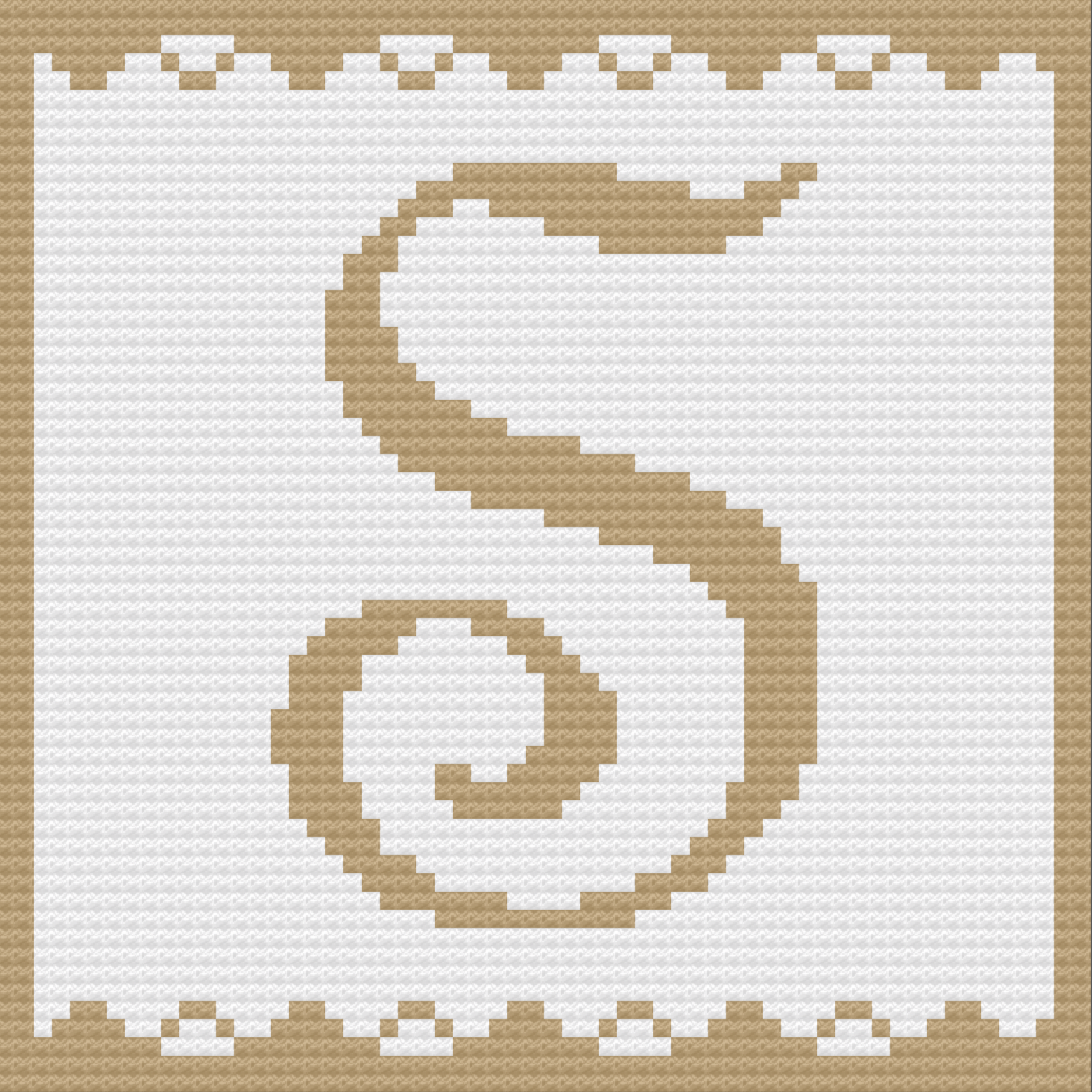 A crochet pattern of a Letter S Baby Afghan featuring an elegant monogram design in beige and white. The cozy, personalized blanket is ideal for nursery decor or baby gifts.