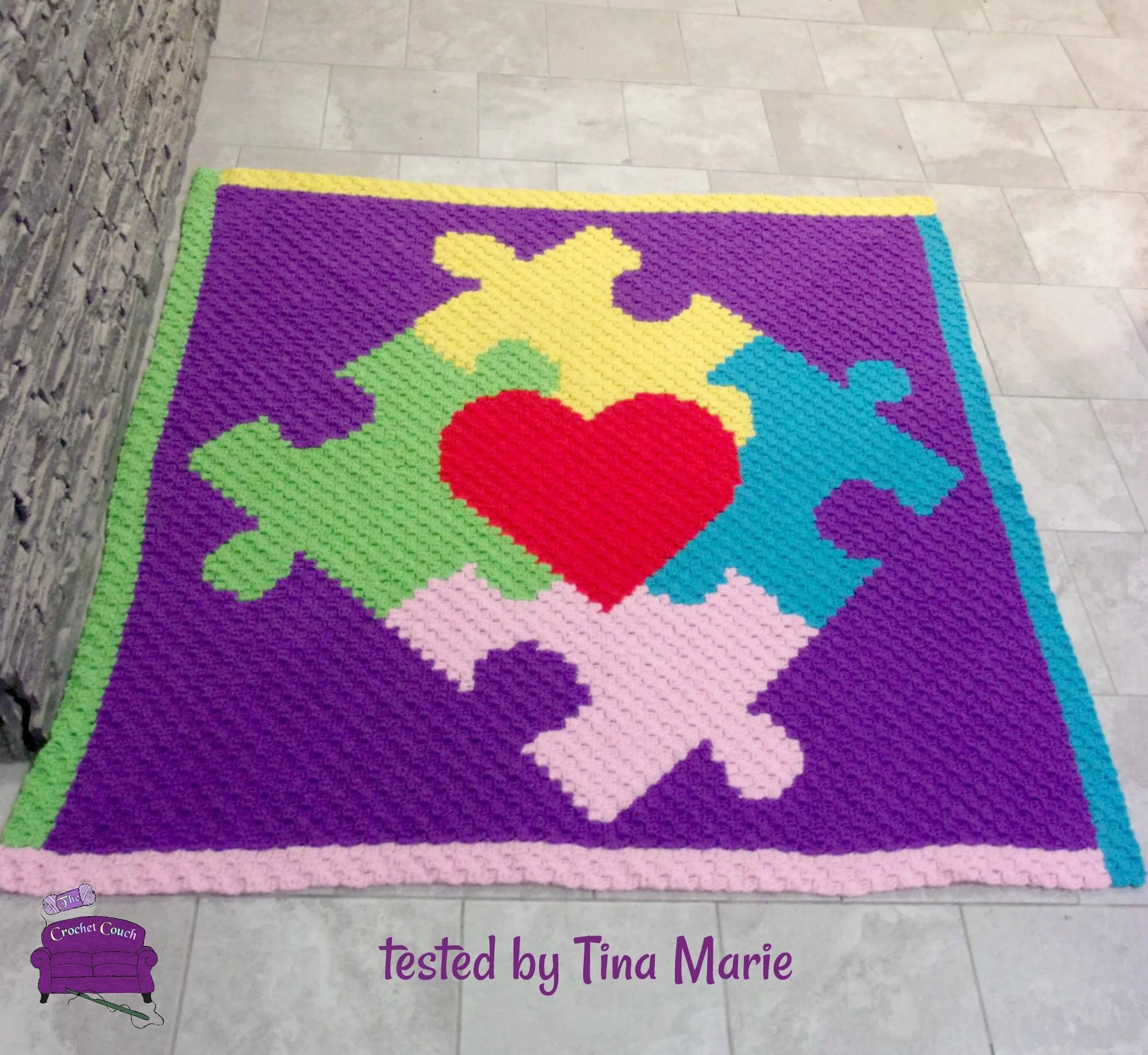 Puzzle Heart Center Afghan, C2C Crochet Pattern