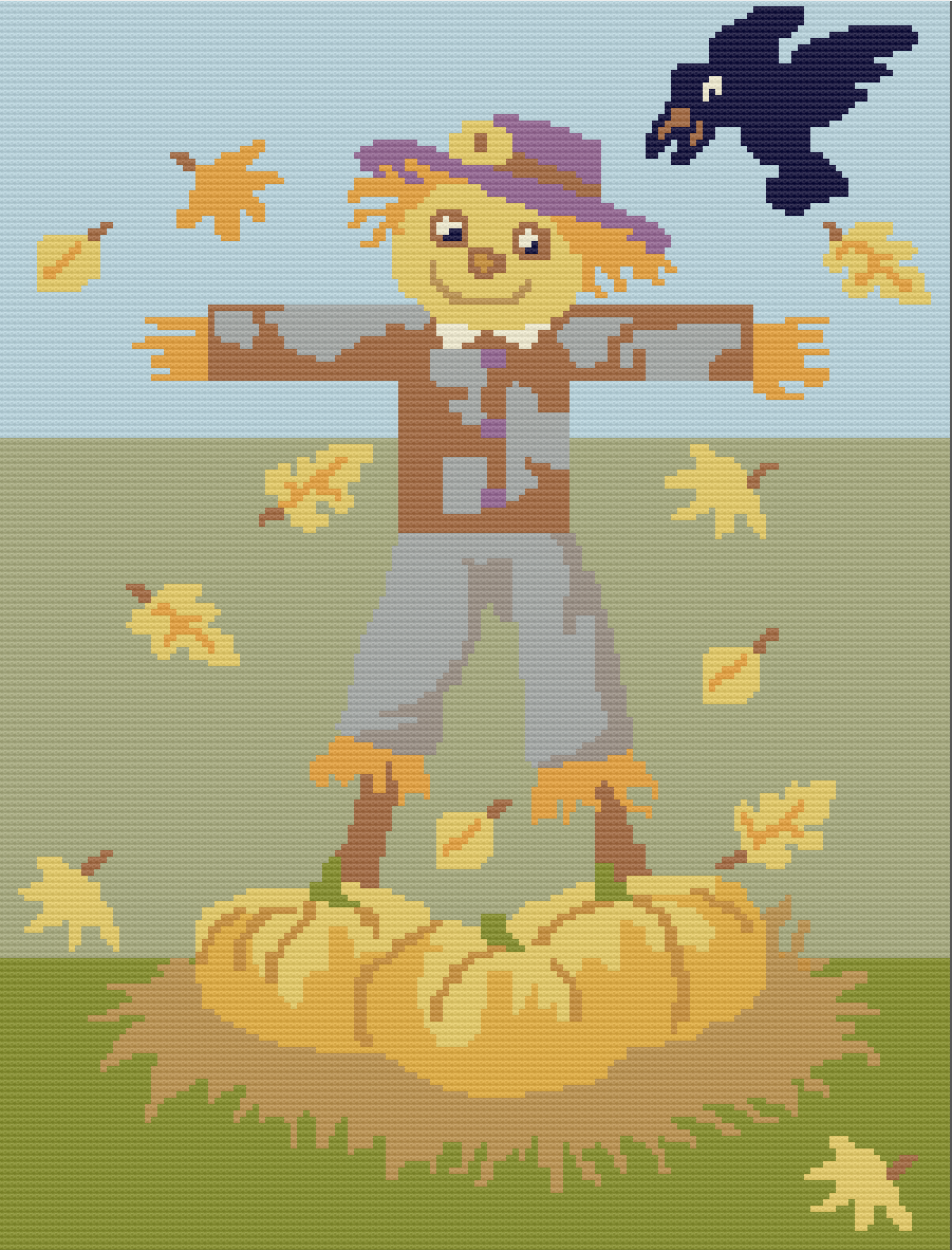 Graph image of Scarecrow in Pumpkin Field Afghan.  The pattern uses worsted weight yarn in Autumn colors - pattern from The Crochet Couch