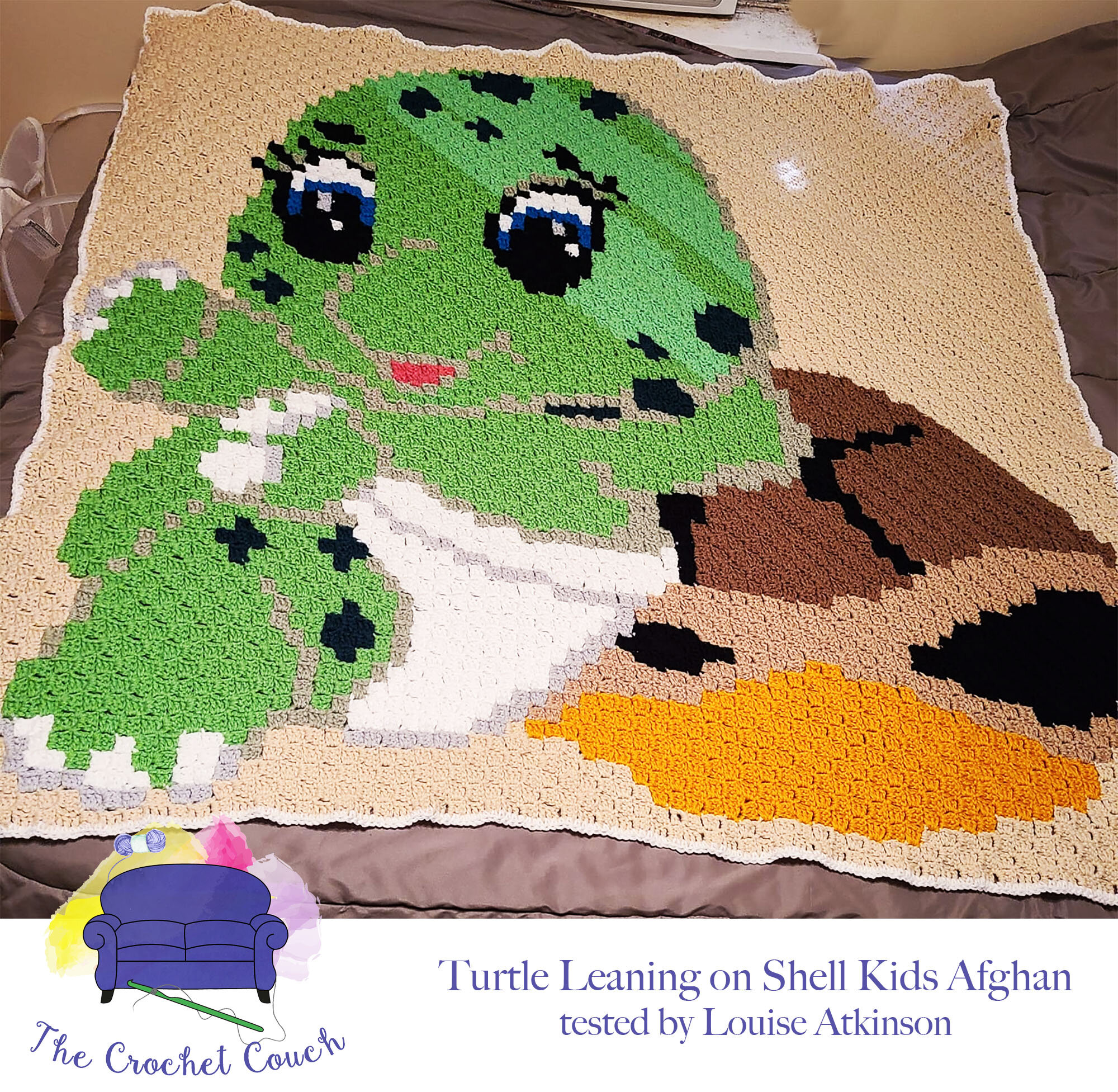 Turtle Leaning on Shell Kids Afghan, C2C Crochet Pattern