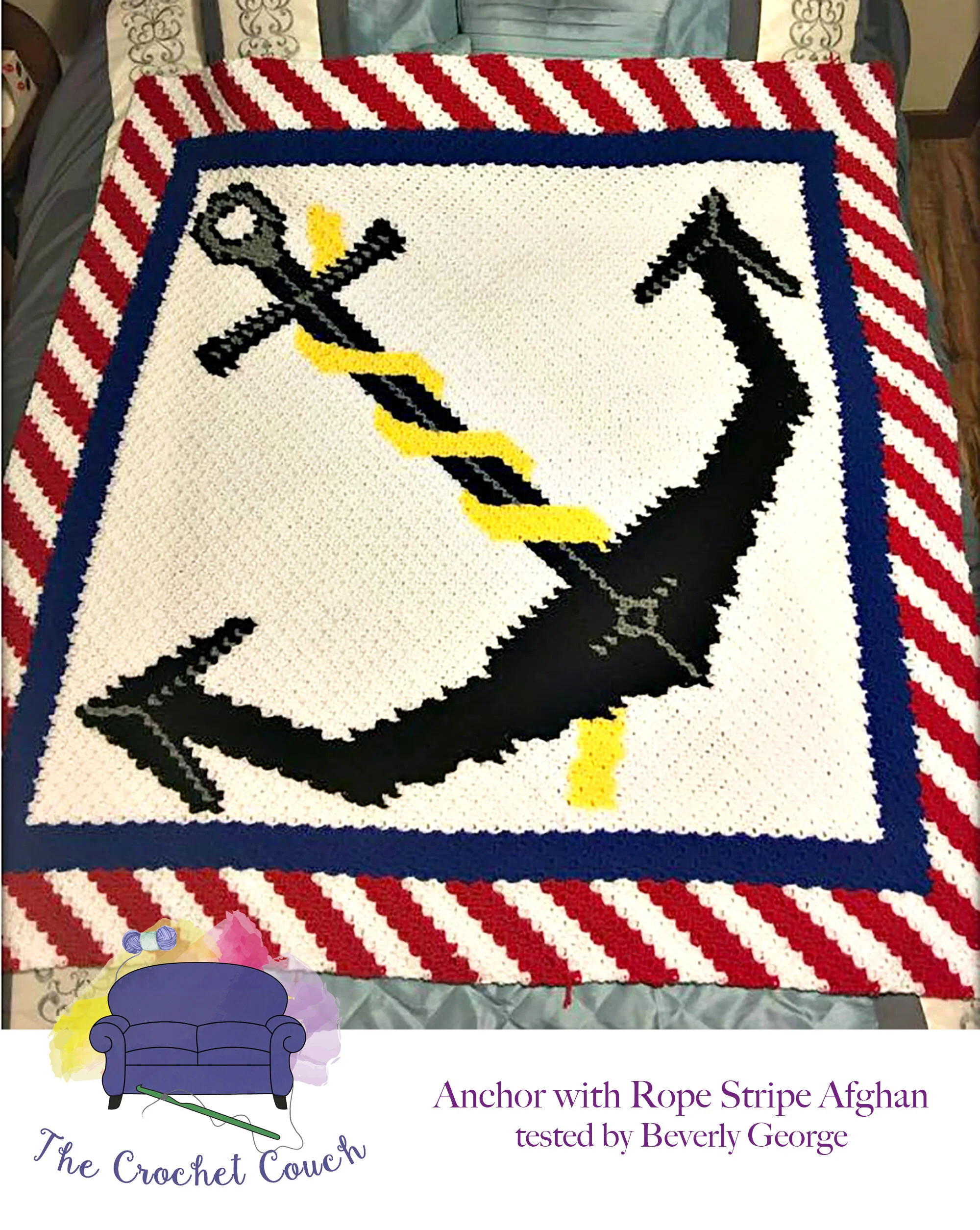 Anchor with Rope Stripe Afghan, C2C Crochet Pattern