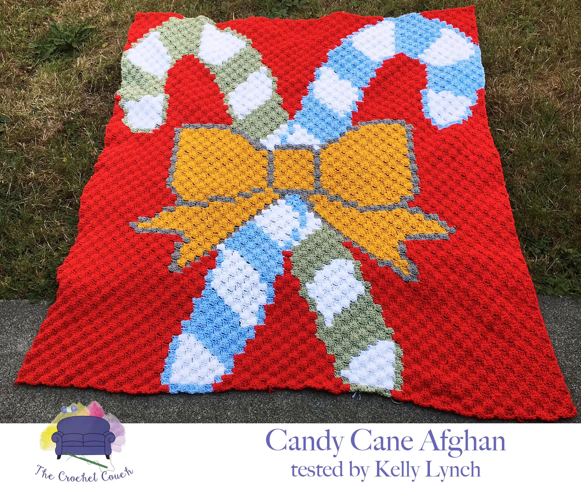 Candy Cane with Gold Bow Afghan, C2C Crochet Pattern
