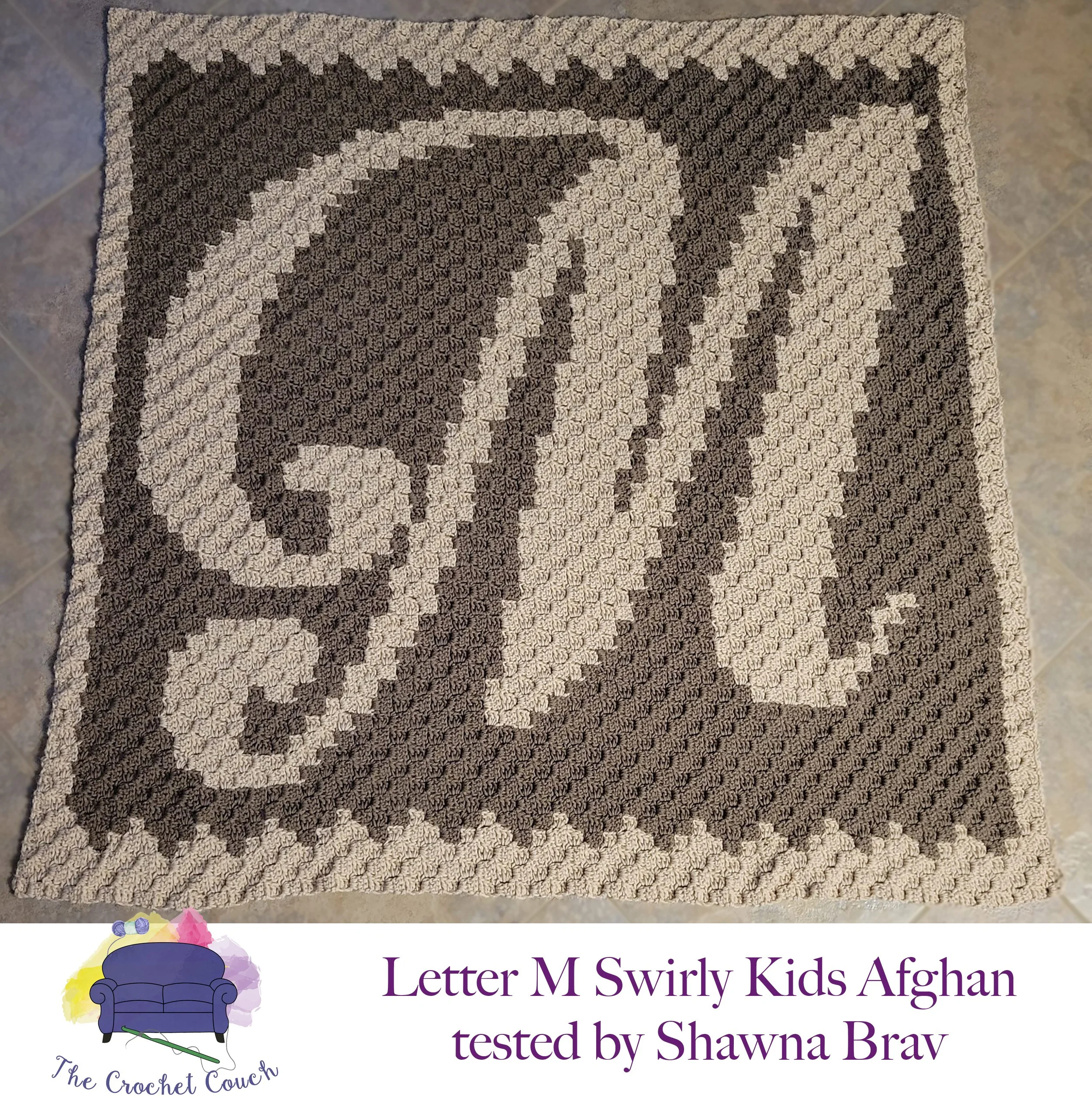Letter M Swirly Kids Afghan, C2C Crochet Pattern