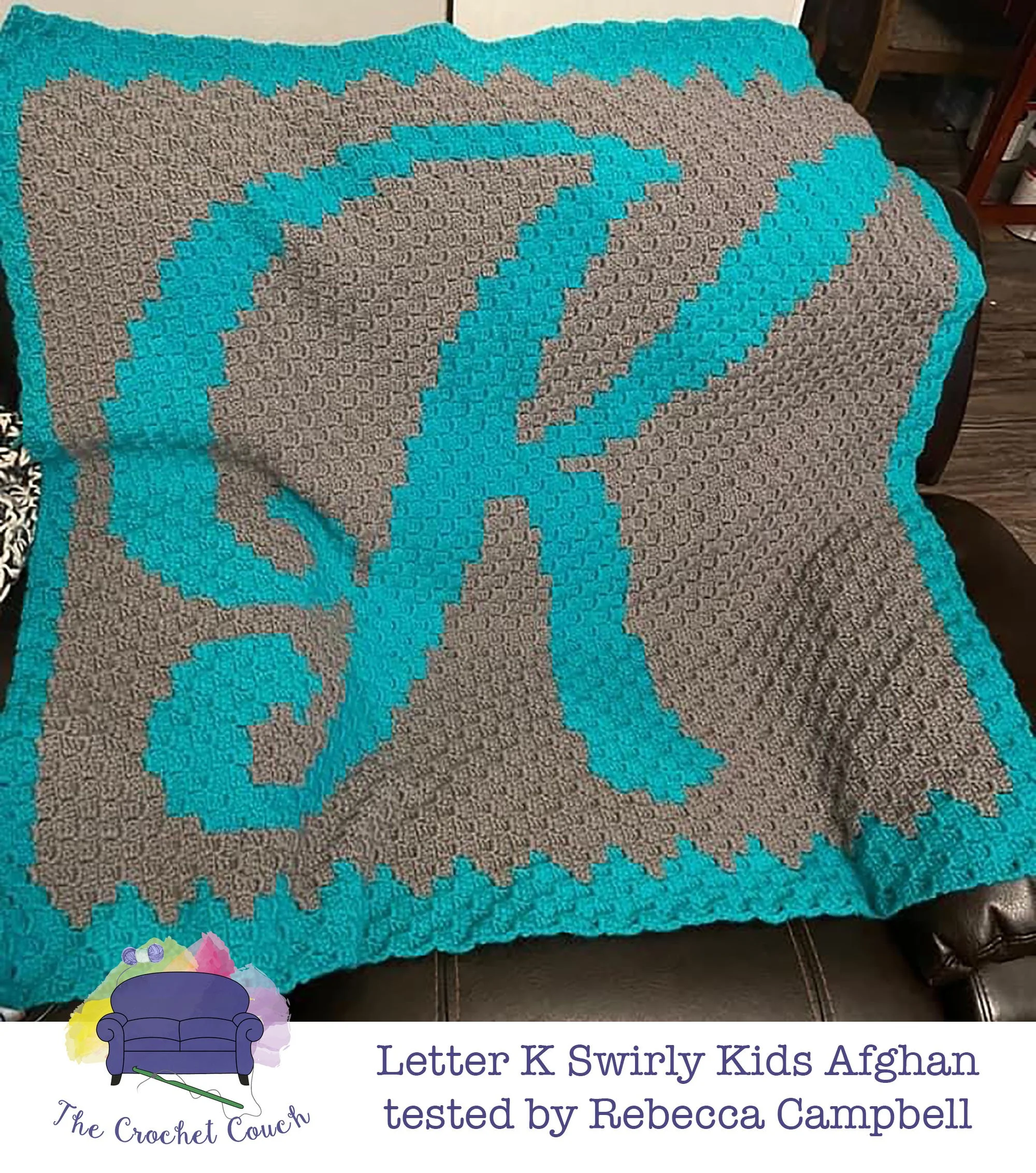Letter K Swirly Kids Afghan, C2C Crochet Pattern