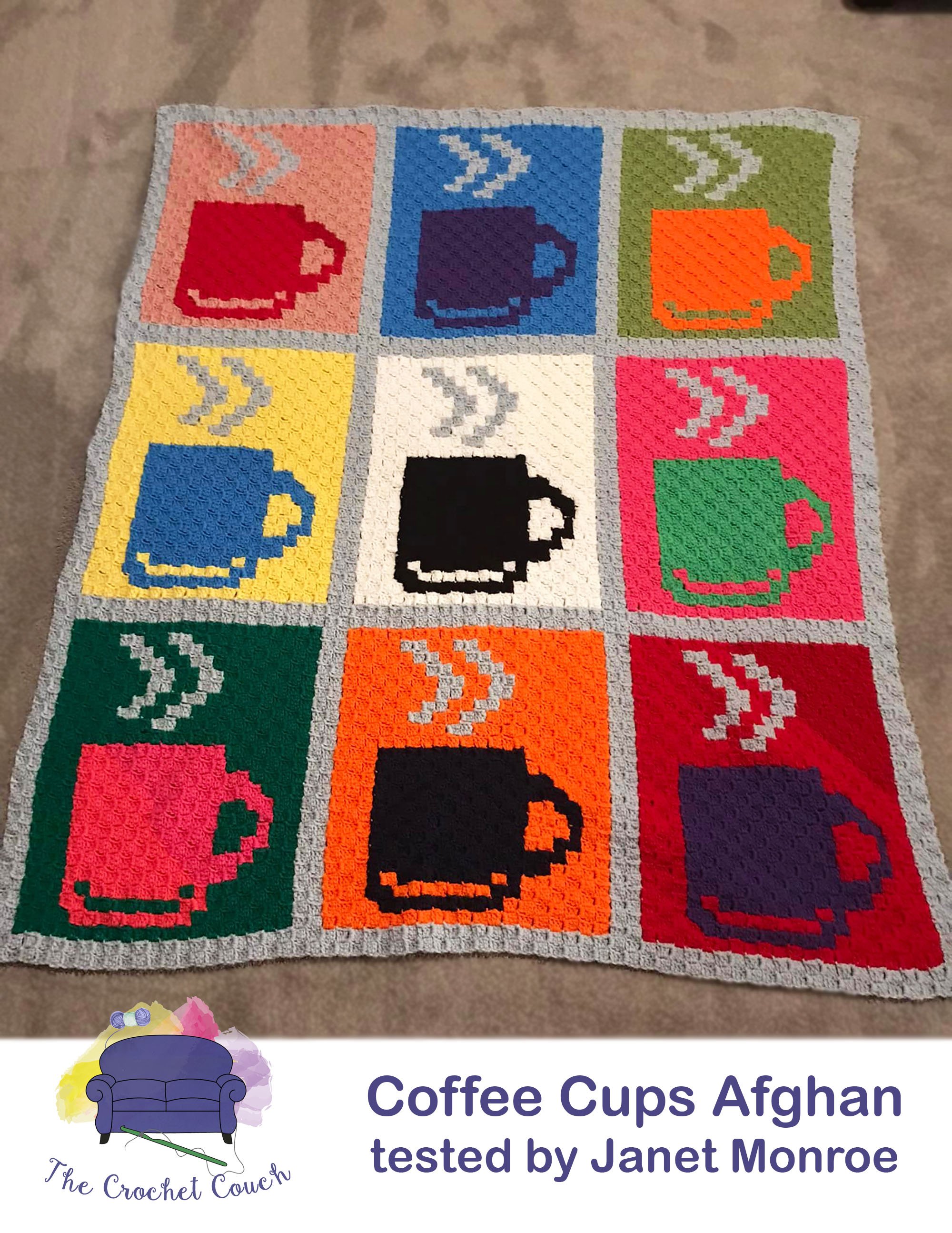 Colorful Coffee Cups Afghan, C2C Crochet Pattern