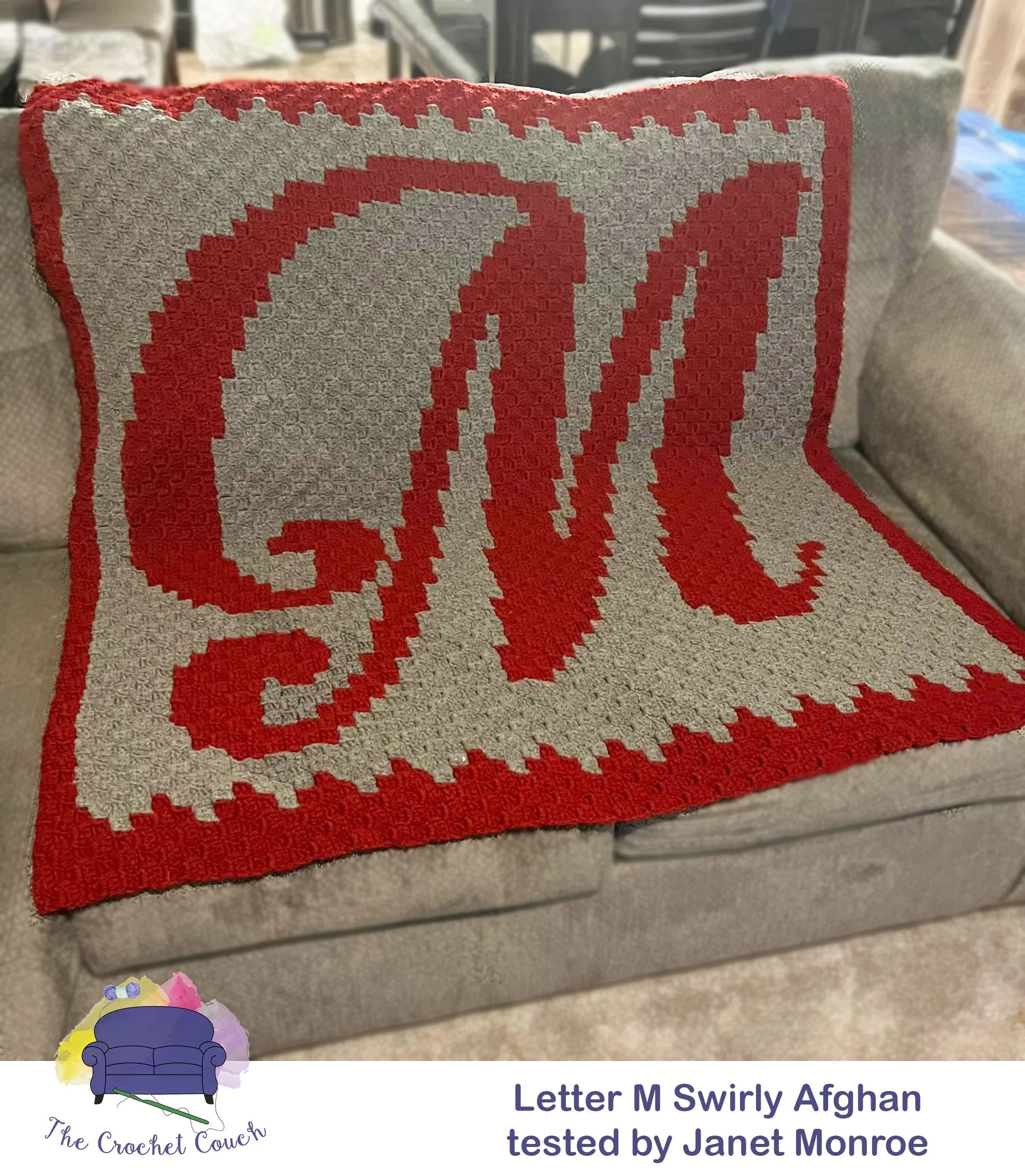 Letter M Swirly Kids Afghan, C2C Crochet Pattern