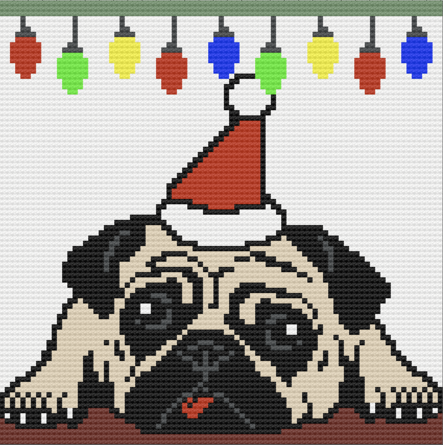 A crochet afghan featuring a pug wearing a Santa hat, resting on a table with twinkling holiday lights above. The design is festive and perfect for dog lovers and Christmas-themed home decor.