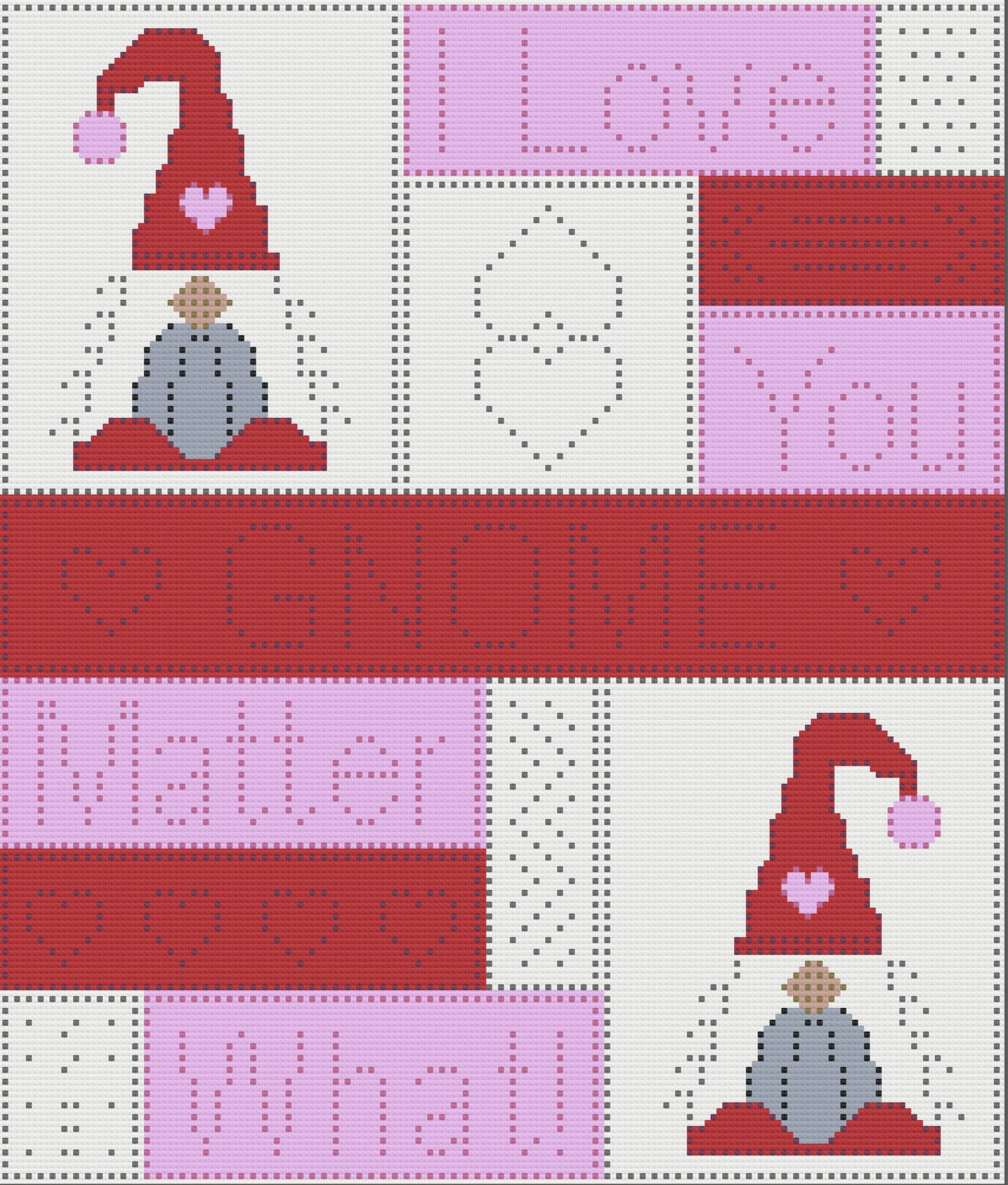 Graph image of Gnome Valentine Afghan.  The pattern uses red, white, pink and gray yarn, done in bobble and sc stitches - pattern from The Crochet Couch