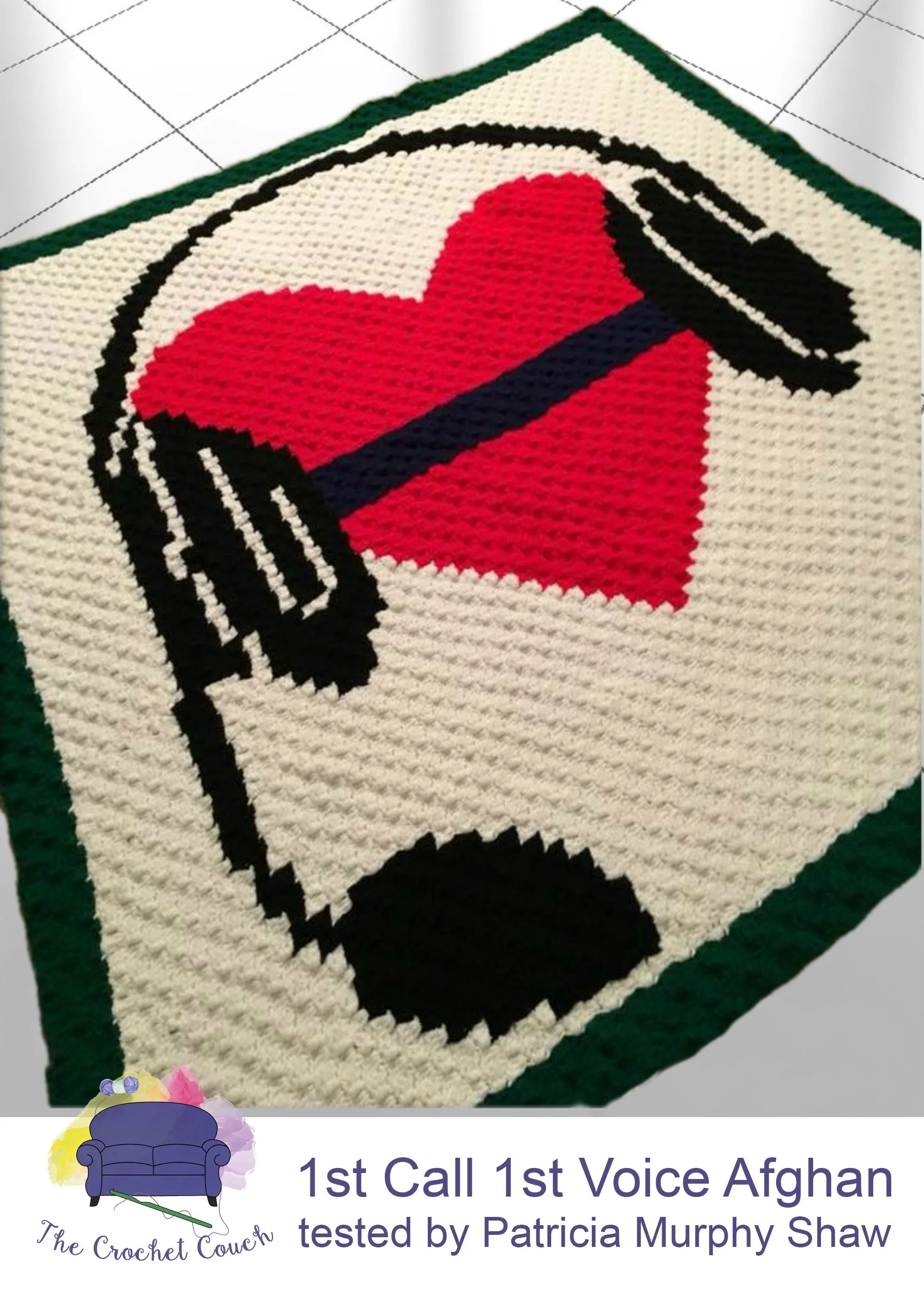 The 1st Call 1st Voice Afghan is a heartfelt crochet blanket featuring a bold red heart with headset design.