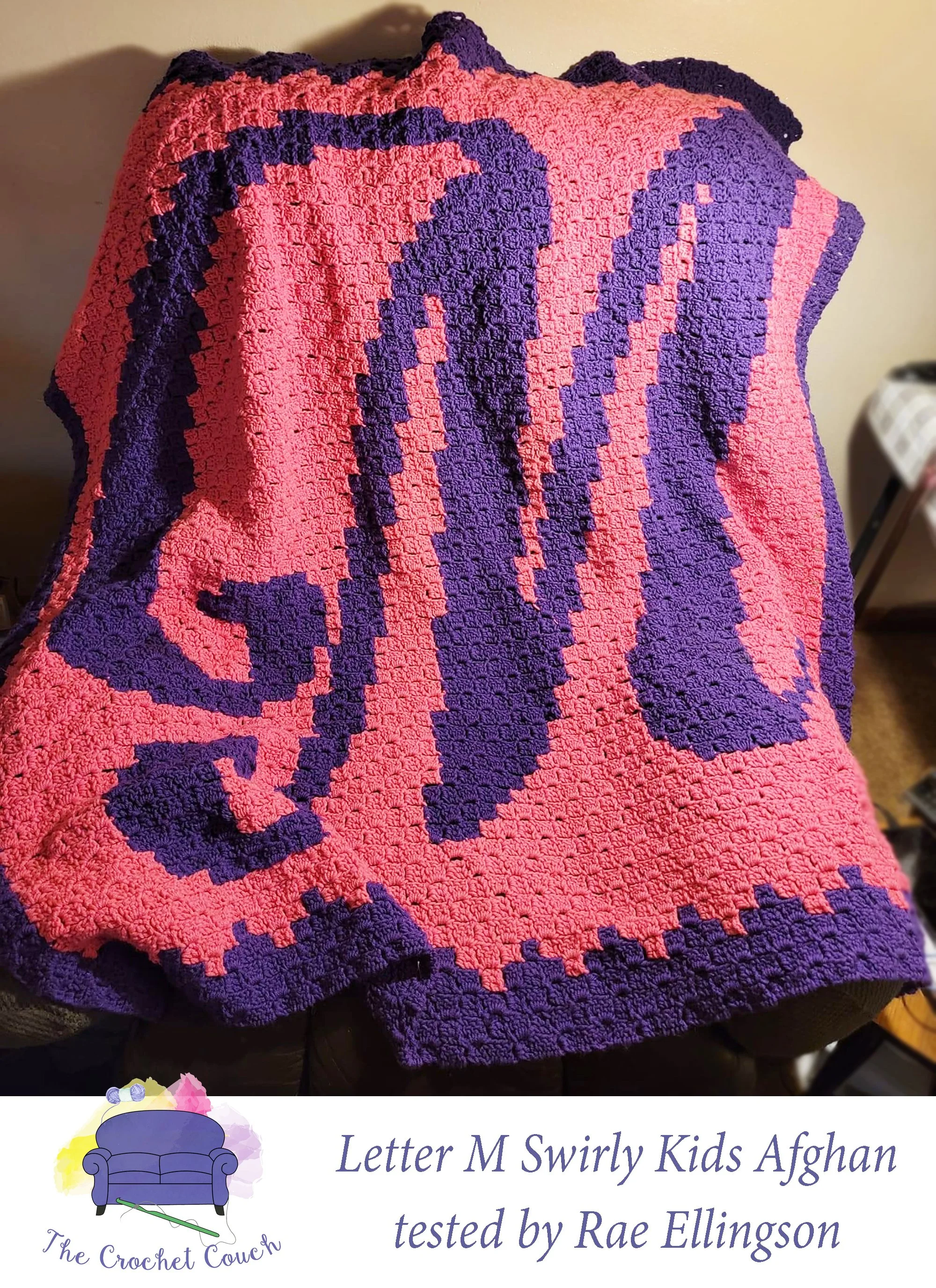 Letter M Swirly Kids Afghan, C2C Crochet Pattern