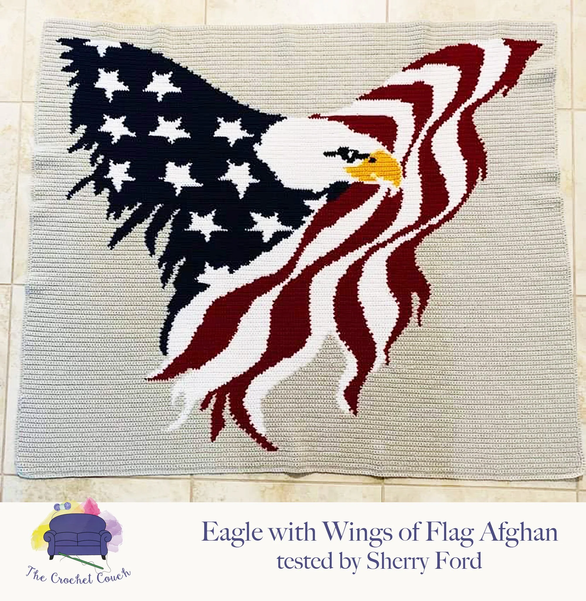 Crochet afghan featuring a powerful eagle with wings made of the American flag, set against a neutral background.