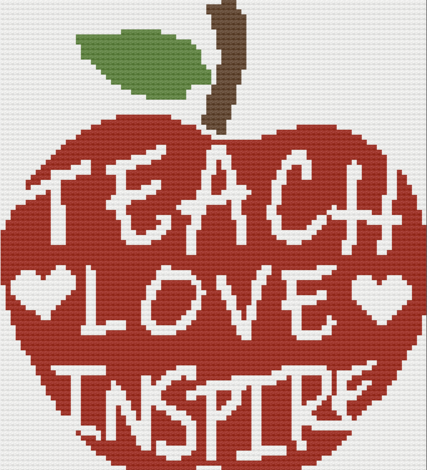 Afghan done in Corner to Corner  that is an apple with the words Teach, Love, Inspire in it.  A great teacher gift idea