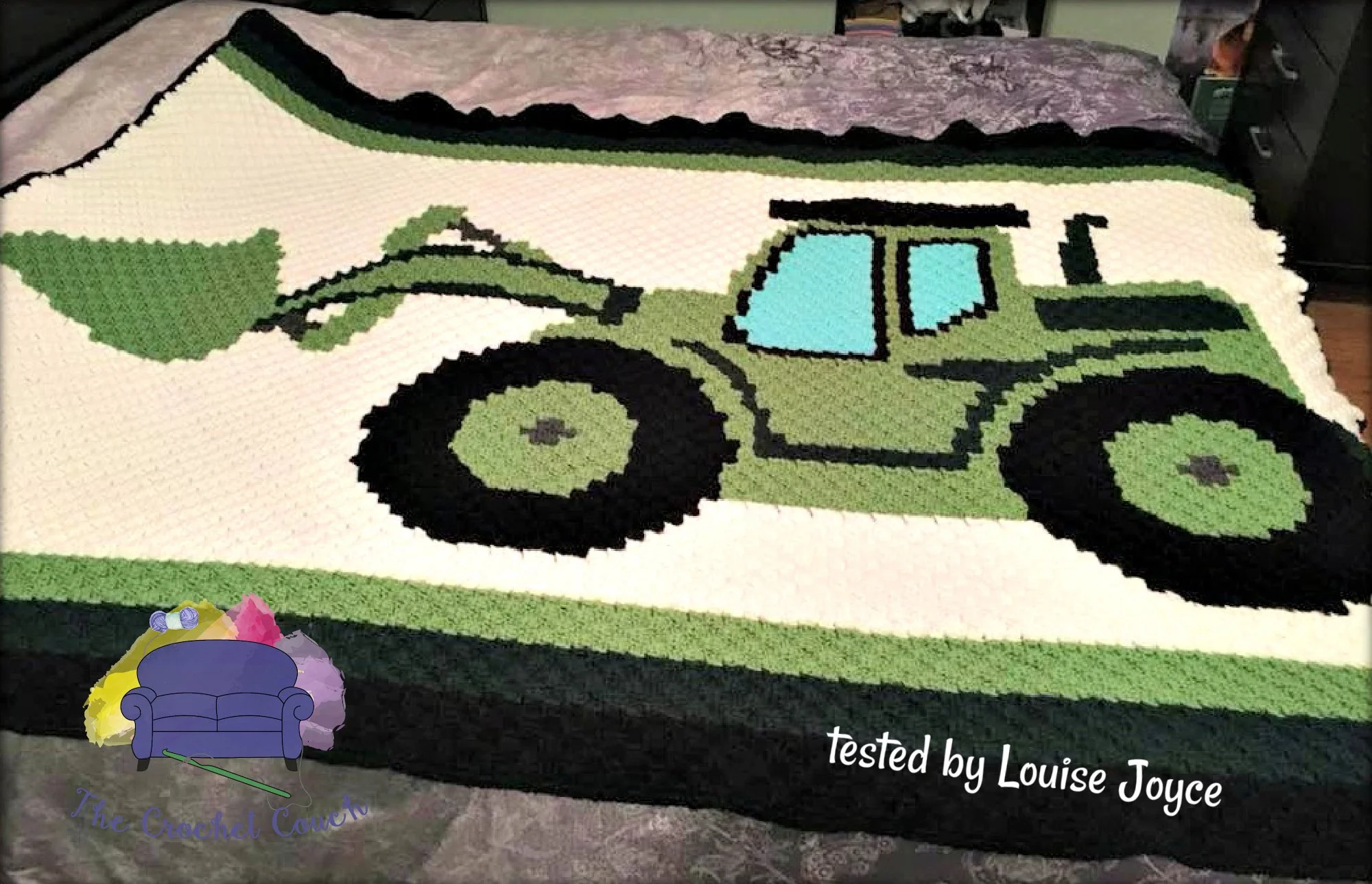 Green Bulldozer Twin Size Afghan, C2C Crochet Pattern