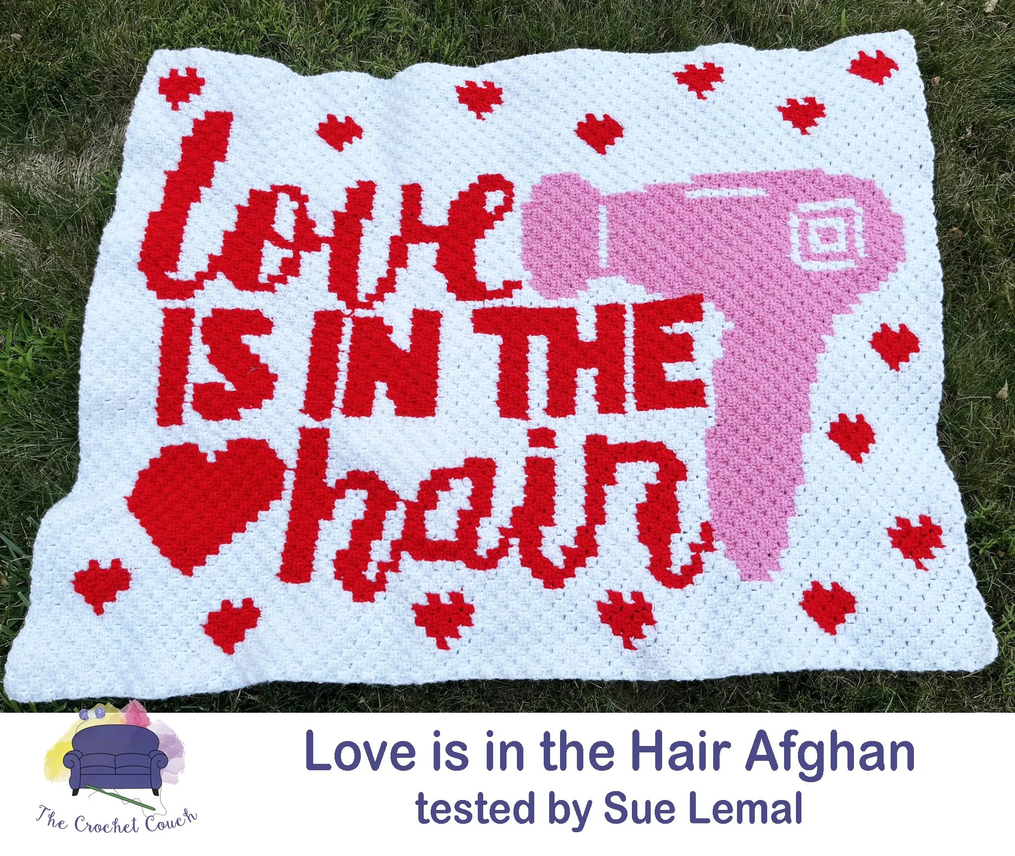 Love is in the Hair Afghan, Red, Pink and White yarn, done in corner to corner (C2C) - crocheted by Sue Lemal, pattern from The Crochet Couch