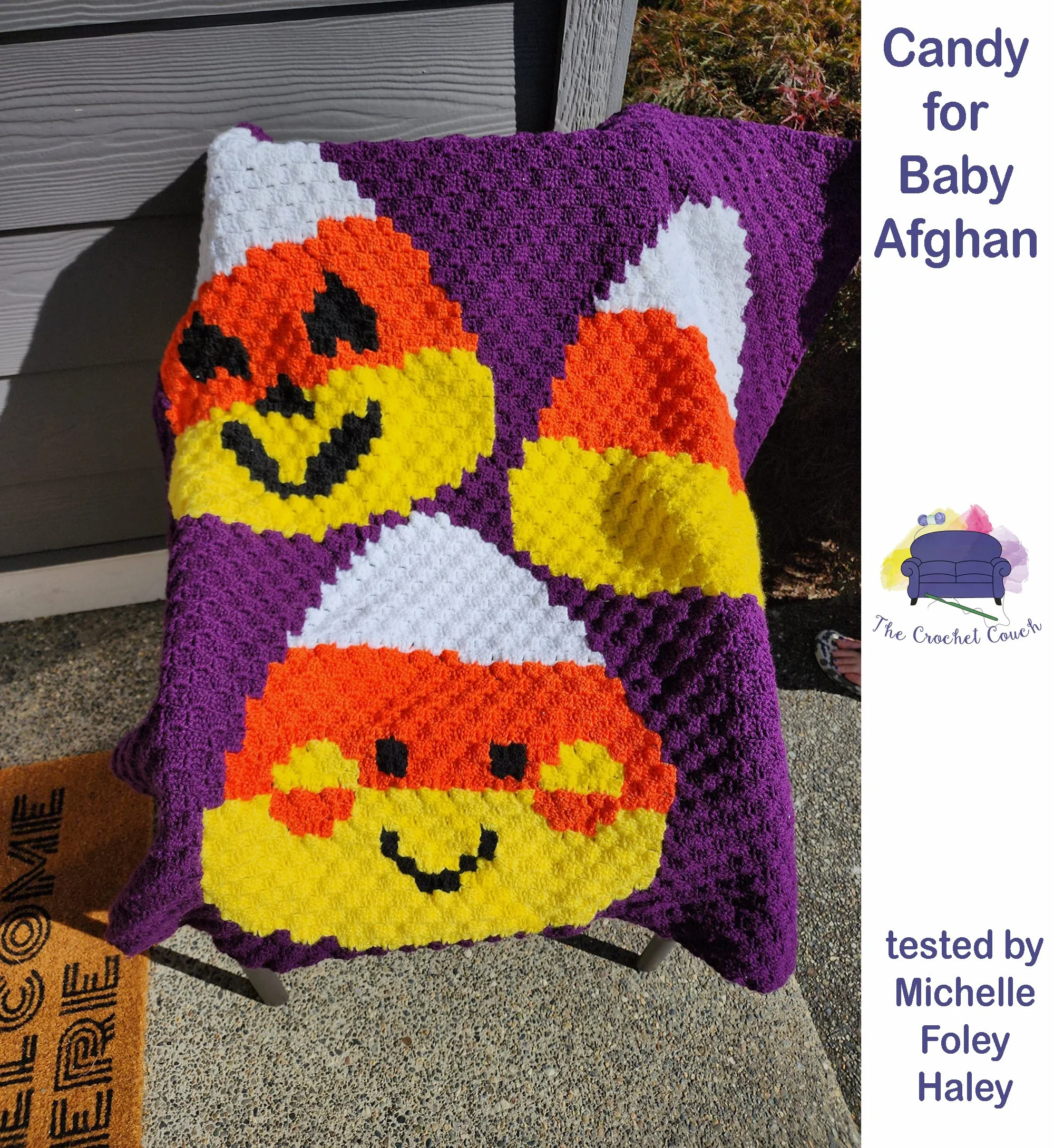 Candy Corn Afghan,  sized for babies and kids.  Purple background and candy corn in yellow, orange and white - crocheted by Michelle Foley Haley