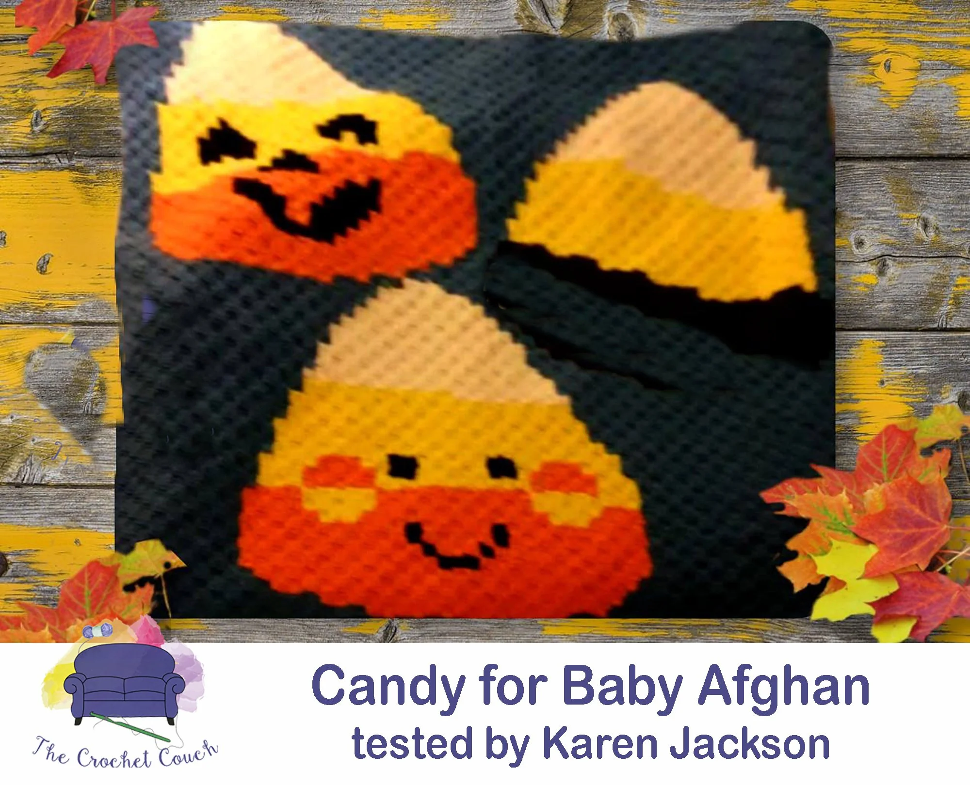 Candy Corn Afghan,  sized for babies and kids.  Black background and candy corn in yellow, orange and white - crocheted by Karen Jackson
