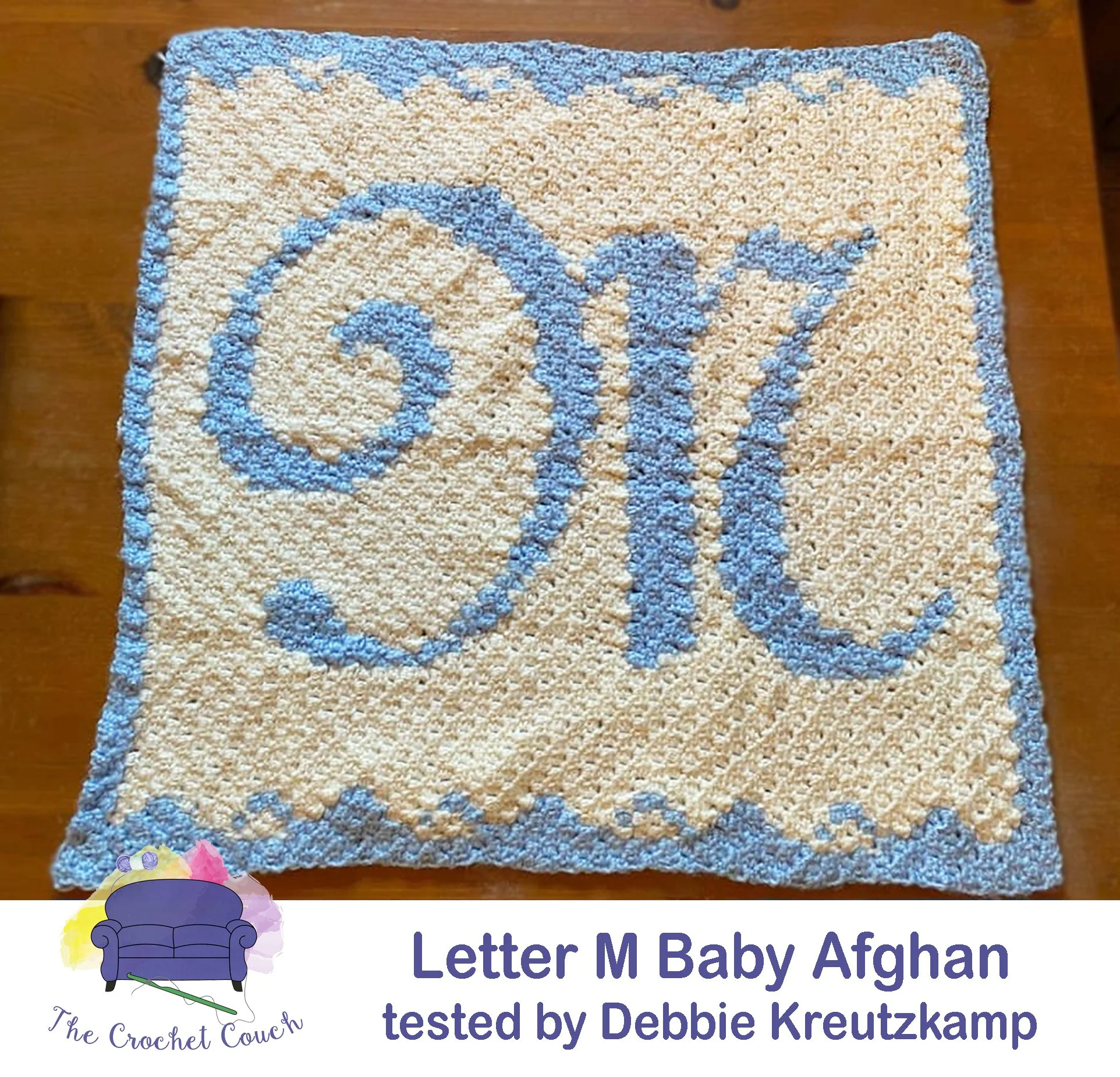 Letter M Baby Afghan, done in corner to corner (C2C) crochet.   This afghan was tested and crocheted by Debbie Kreutzkamp.  Crocheted using yarn in the colors of white and light blue.