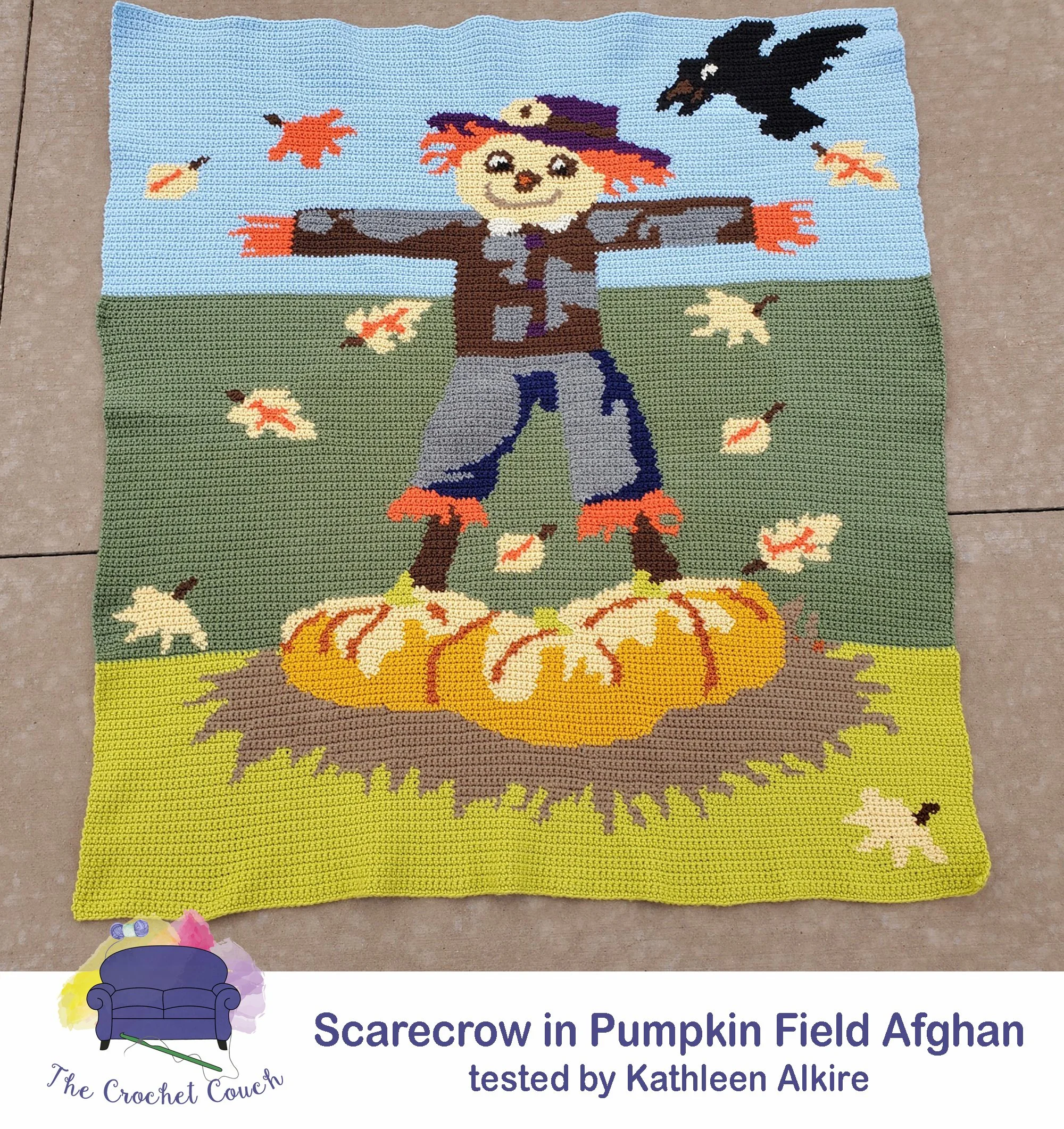 Scarecrow in Pumpkin Field Afghan, done in single crochet.  This afghan was tested and crocheted by Kathleen Alkire.  Crocheted using multiple shades of yarn in mostly autumn colors.