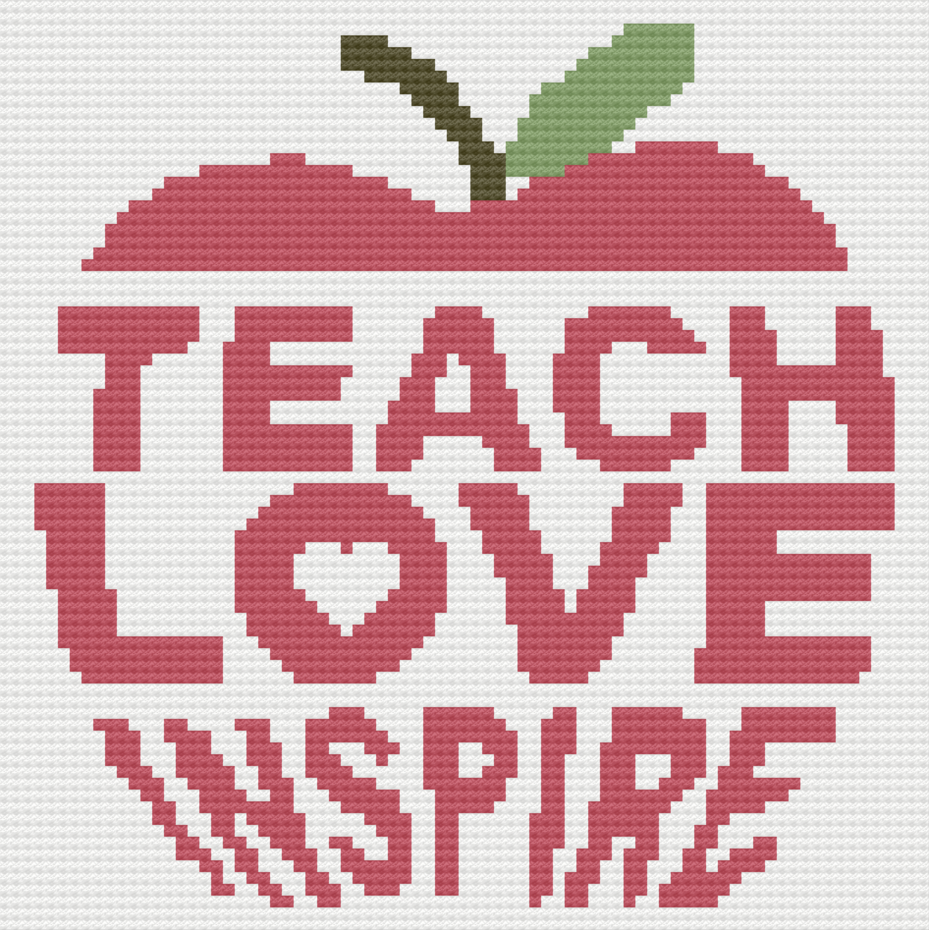 Graph image of the words Teach Love Inspire in the Shape of an Apple Afghan.  The pattern uses worsted weight yarn in red, green and white - pattern from The Crochet Couch