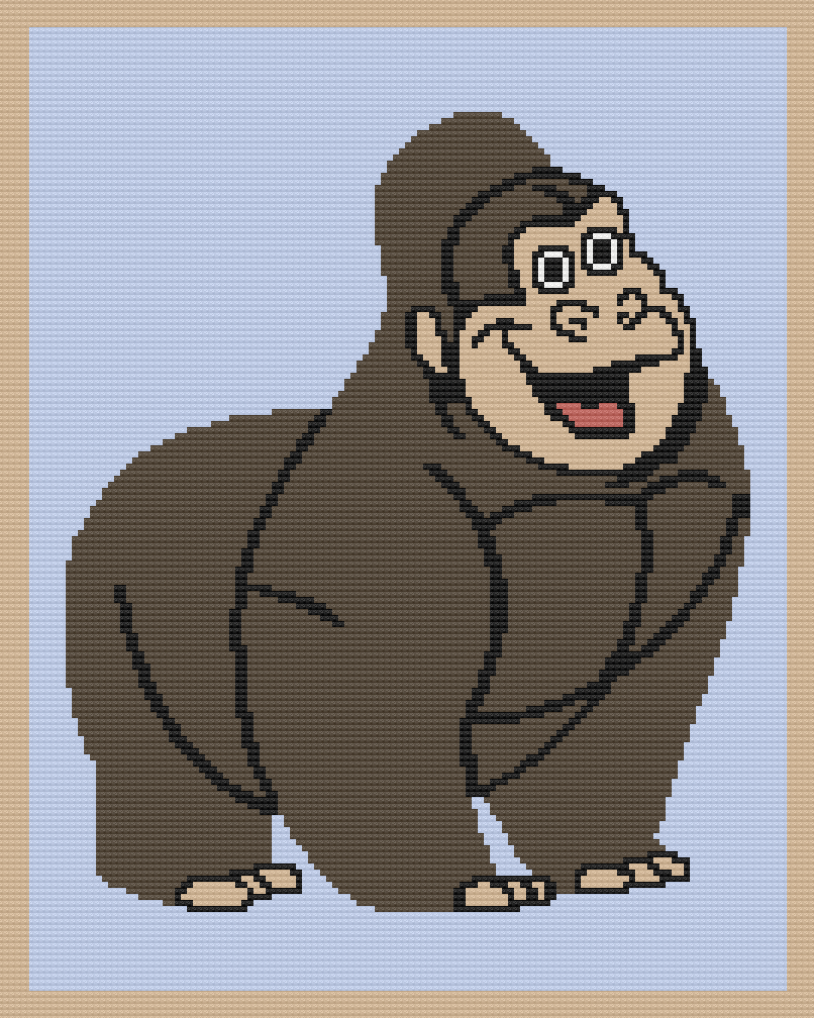 Graph image of a Smiling Gorilla with a blue background.  The pattern uses worsted weight yarn in blue, browns and tan - pattern from The Crochet Couch
