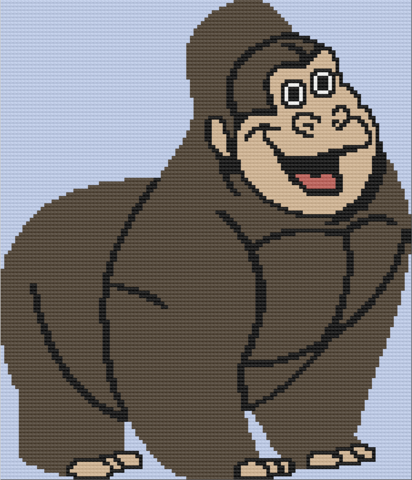 Graph image of a Smiling Gorilla with a blue background.  The pattern uses worsted weight yarn in blue, browns and tan - pattern from The Crochet Couch