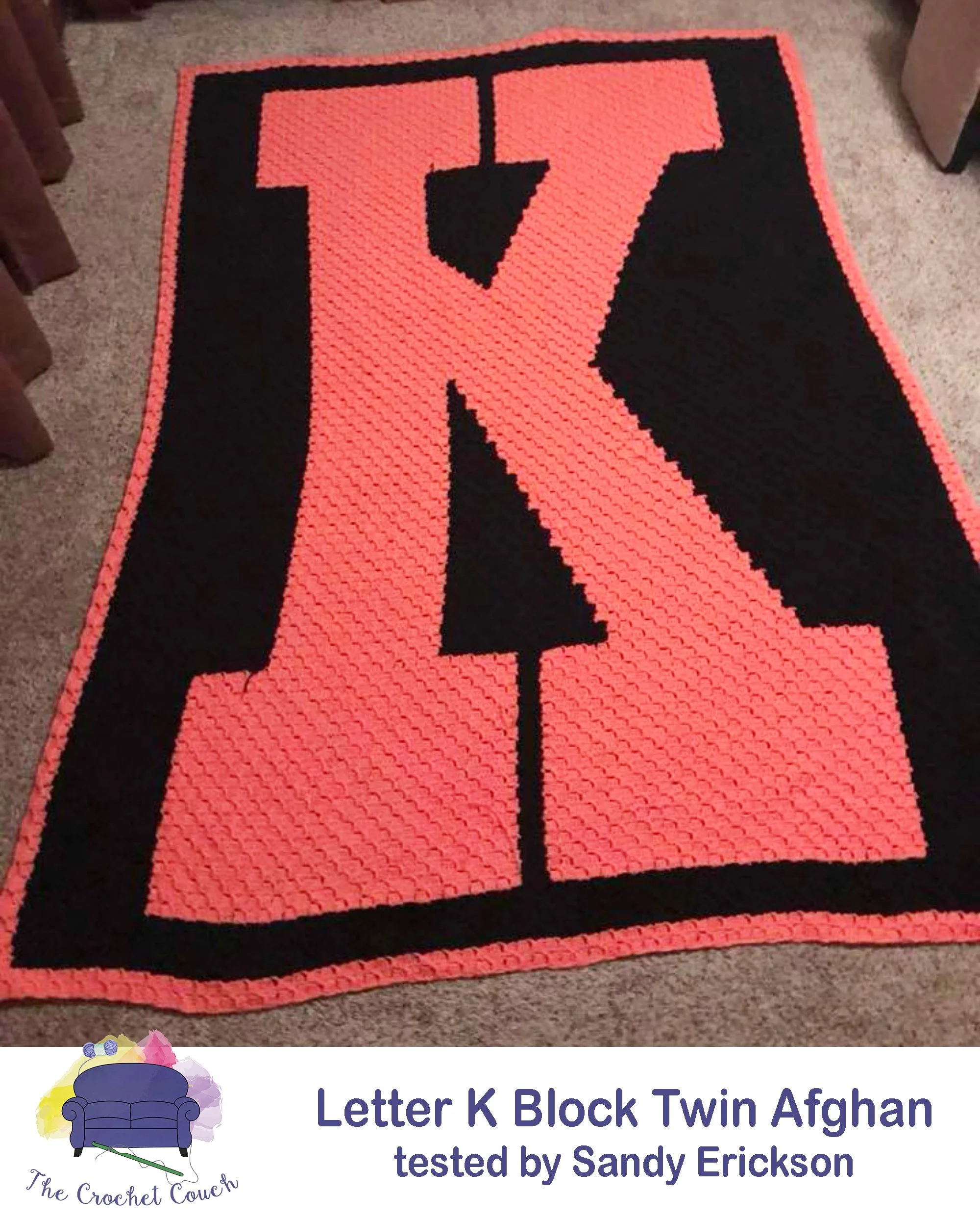 Letter K Afghan, block style, twin bed size, done in corner to corner using pink and black yarn.  Afghan crocheted by Sandy Erickson
