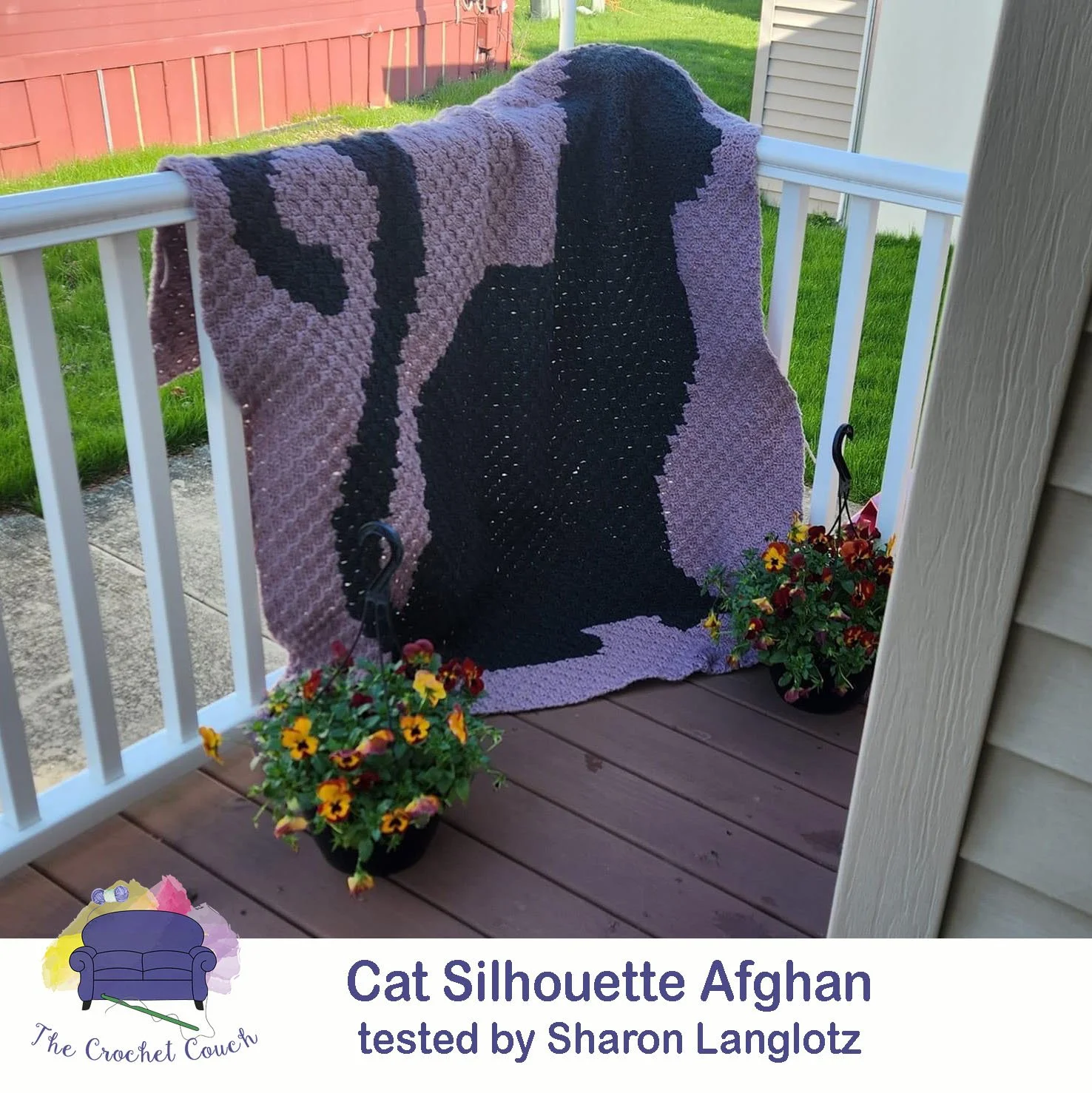 Cat Silhouette Afghan, crocheted using C2C.  This afghan was tested and crocheted by Sharon Langlotz with gray and black yarn