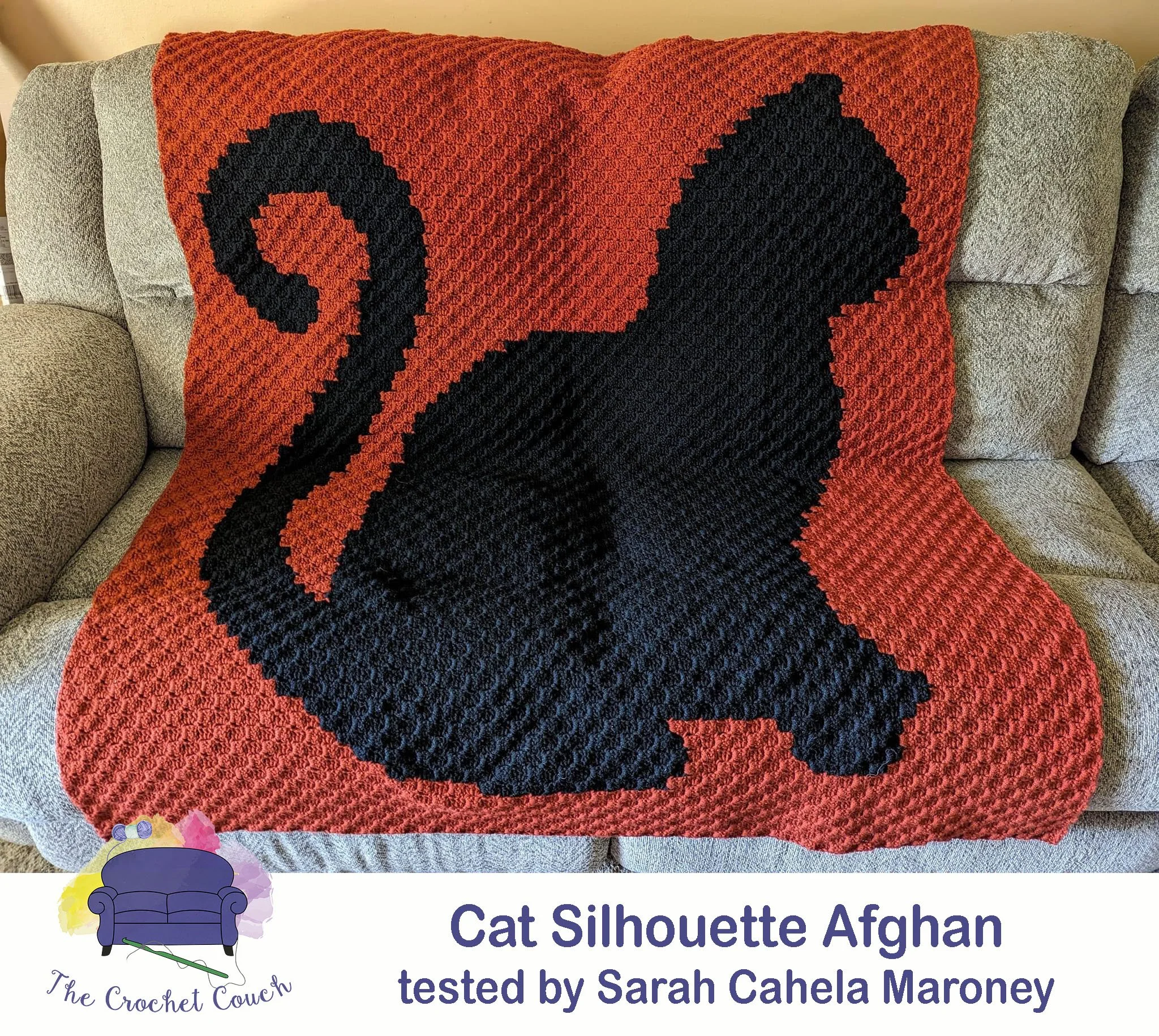 Cat Silhouette Afghan, crocheted using C2C.  This afghan was tested and crocheted by Sarah Cahela Maroney with orange and black yarn