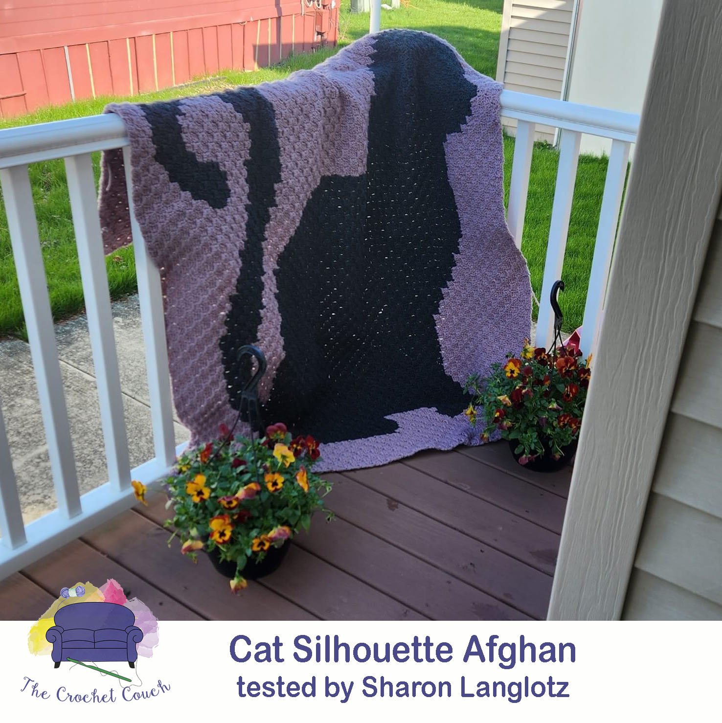 Cat Silhouette Afghan, crocheted using C2C.  This afghan was tested and crocheted by Sharon Langlotz with gray and black yarn