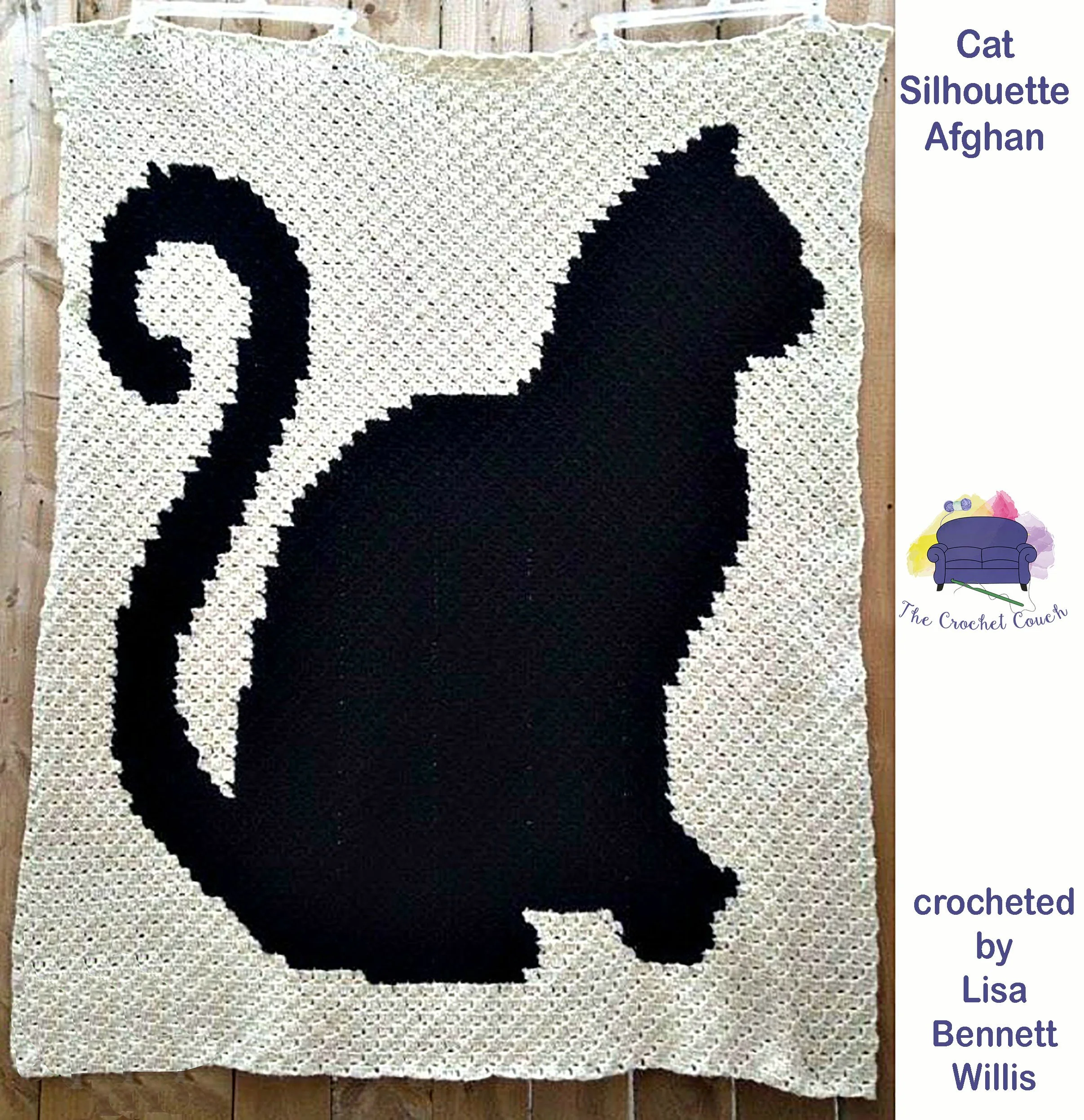 Cat Silhouette Afghan, crocheted using C2C.  This afghan was tested and crocheted by Lisa Bennett Willis with white and black yarn
