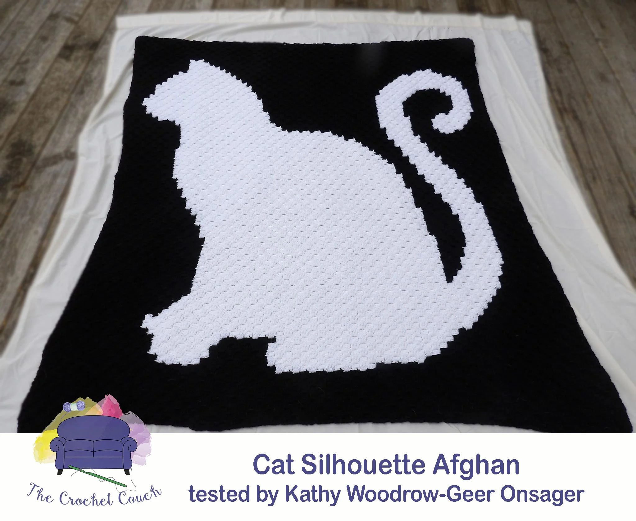 Cat Silhouette Afghan, crocheted using C2C.  This afghan was tested and crocheted by Kathy Woodrow-Geer Onsager with black and white yarn