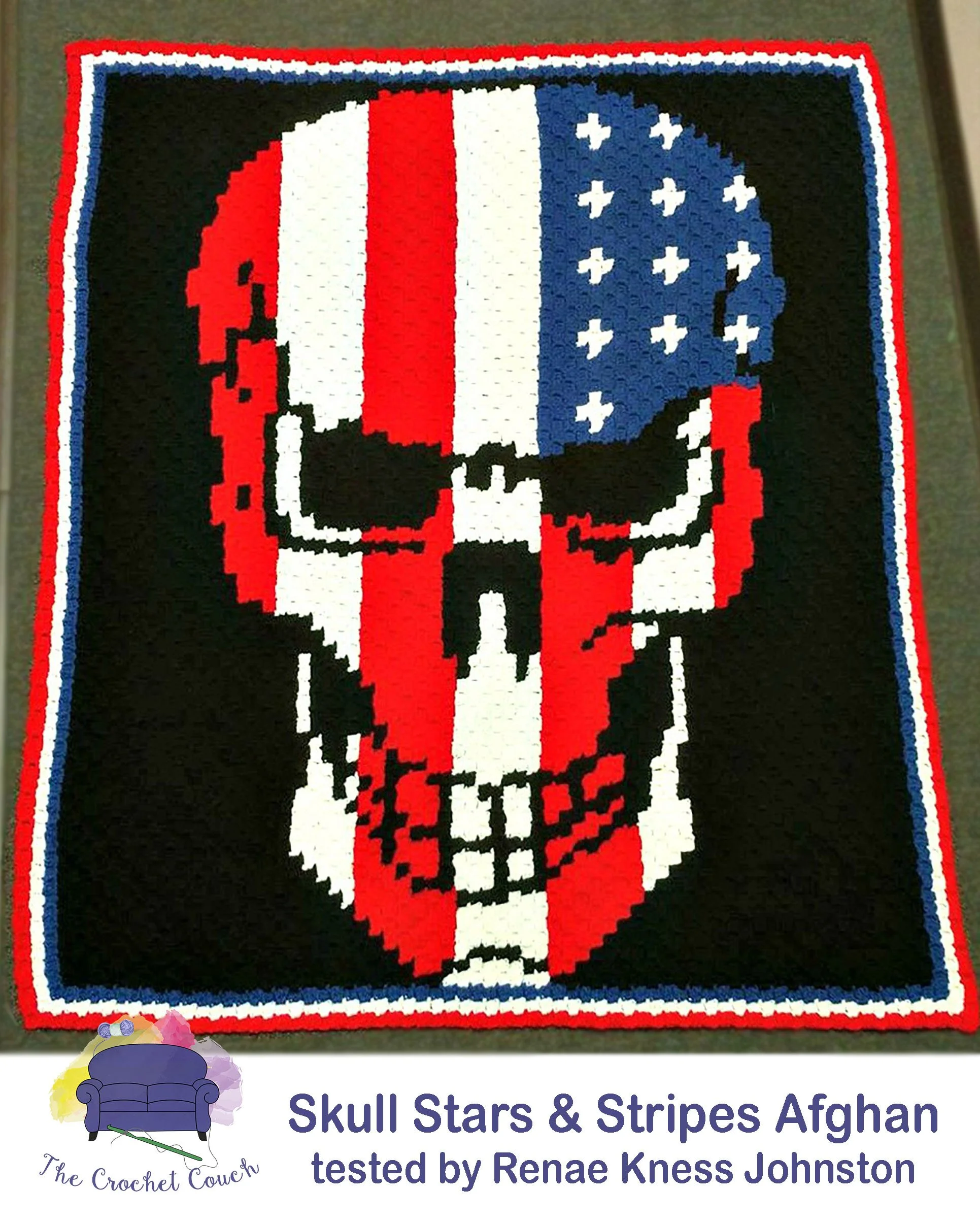 Skull Stars and Stripes Afghan, crocheted using C2C.  This afghan was tested and crocheted by Renae Kness Johnston with Red, White, Blue and Black yarn