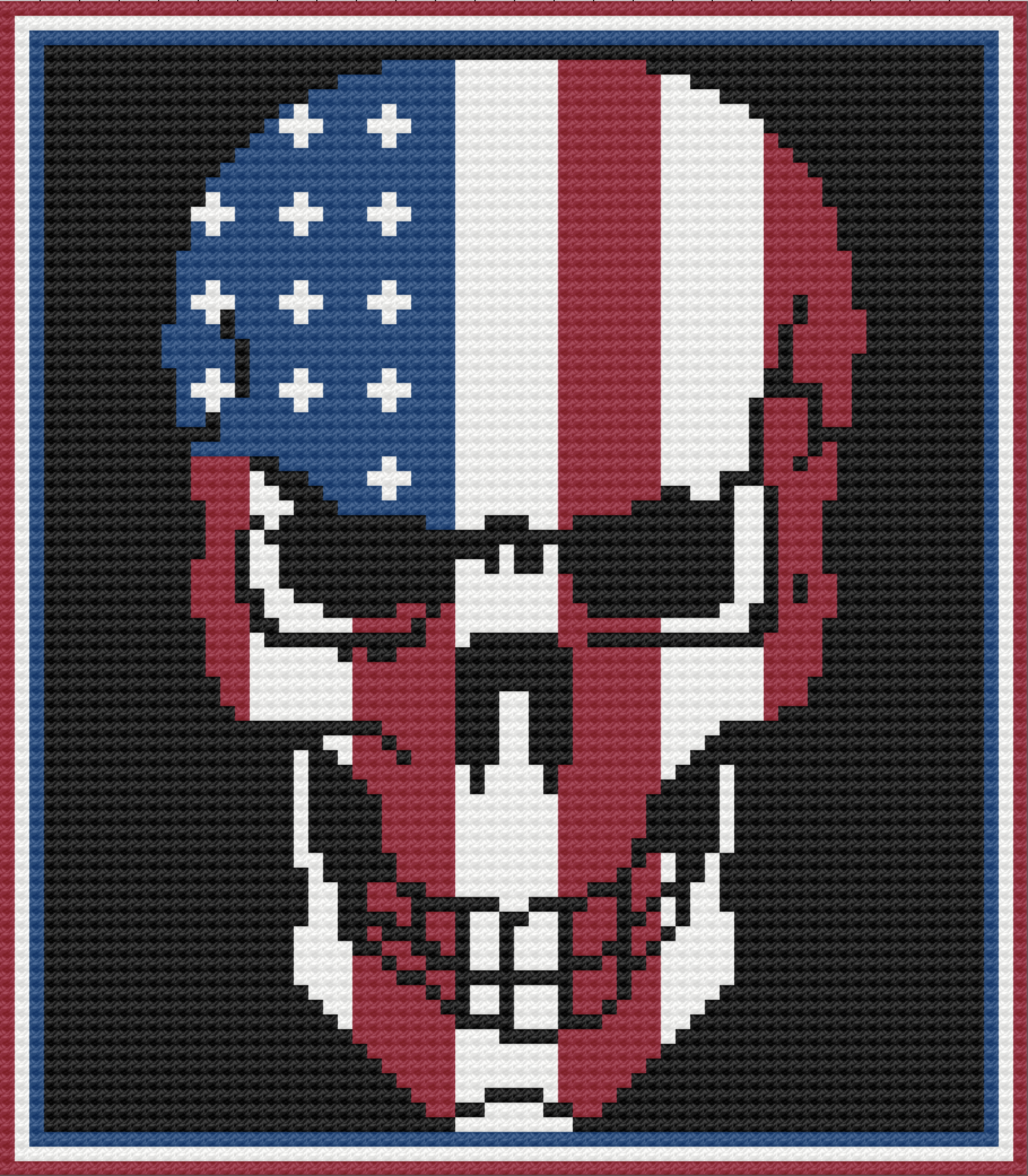 Graph image of Skull Stars and Stripes afghan.  Graph simulation in black, red, white and blue to show what the afghan will look like when crocheted.   - pattern from The Crochet Couch