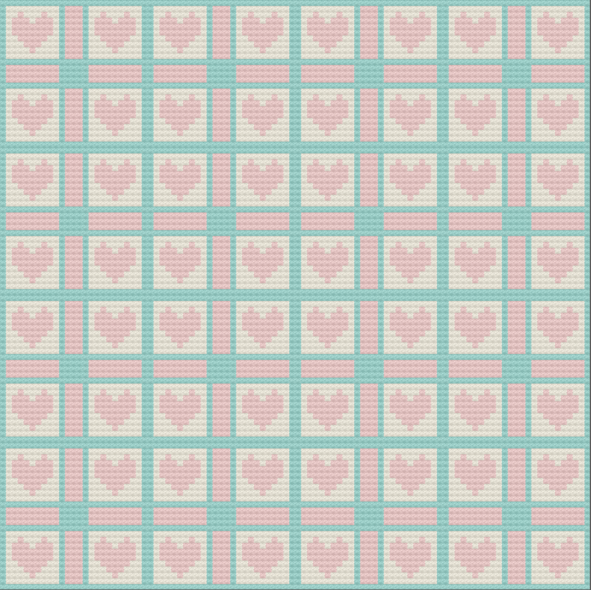 Graph image of Adel Quilt Afghan, a pattern of squares and hearts in pink and seaglass yarn colors.  Pattern from The Crochet Couch