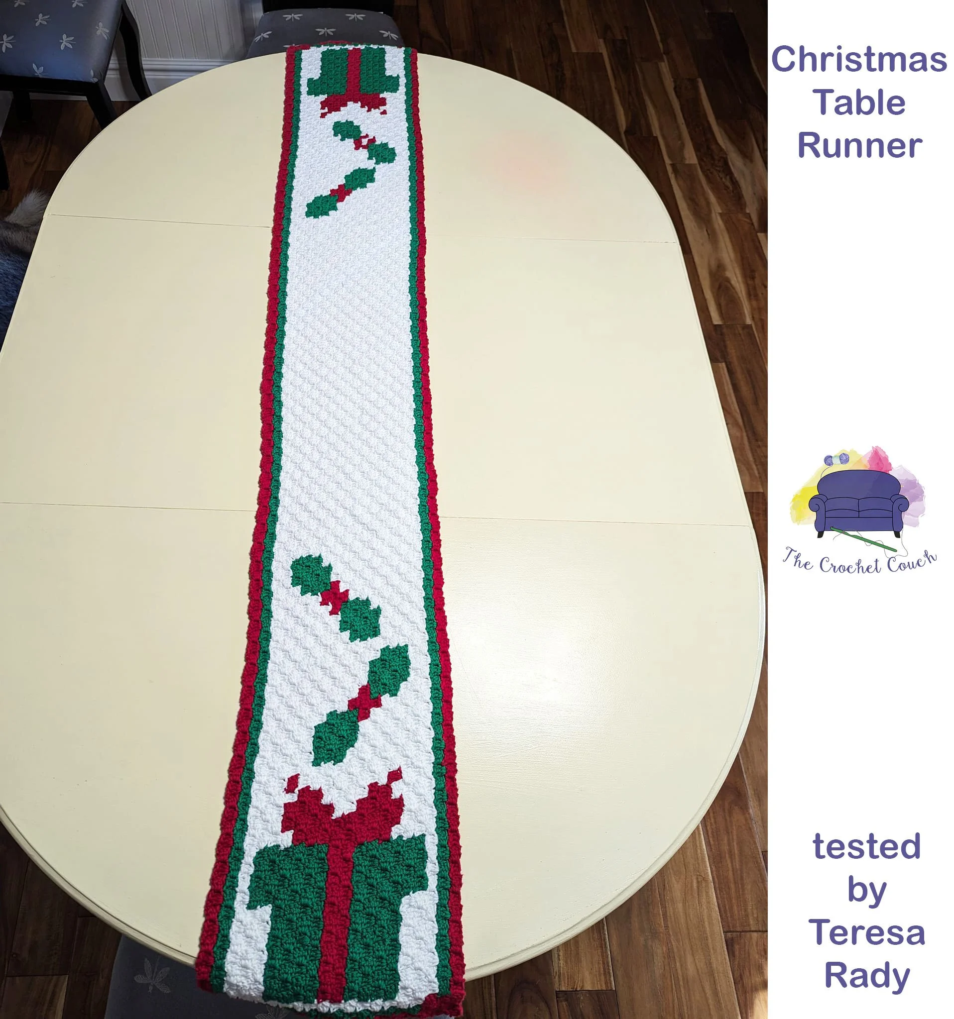 Holiday Table Runner shown on a table, crocheted using corner to corner in white, red and green.   The ends of the table runner each have a gift and some holly.  Crocheted by Teresa Rady