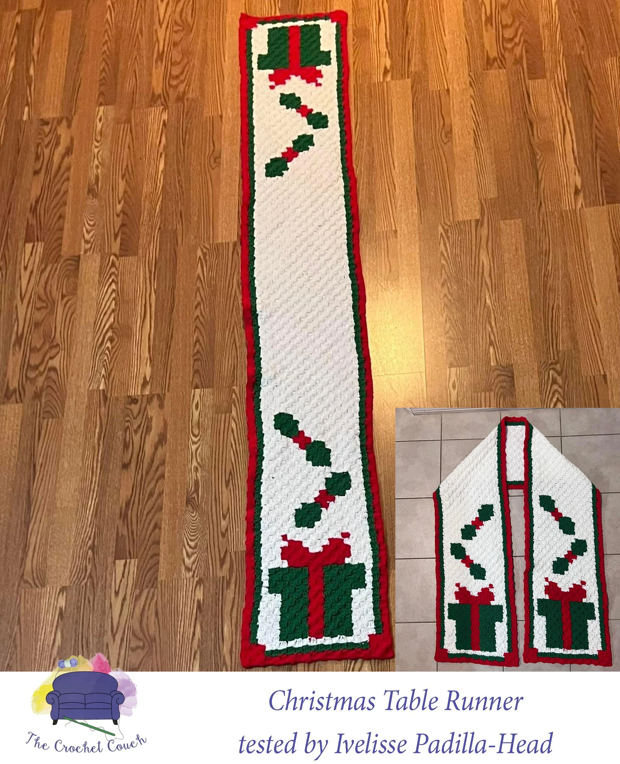 Holiday Table Runner shown on a table, crocheted using corner to corner in white, red and green.   The ends of the table runner each have a gift and some holly.  Crocheted by Ivelisse Padilla-Head