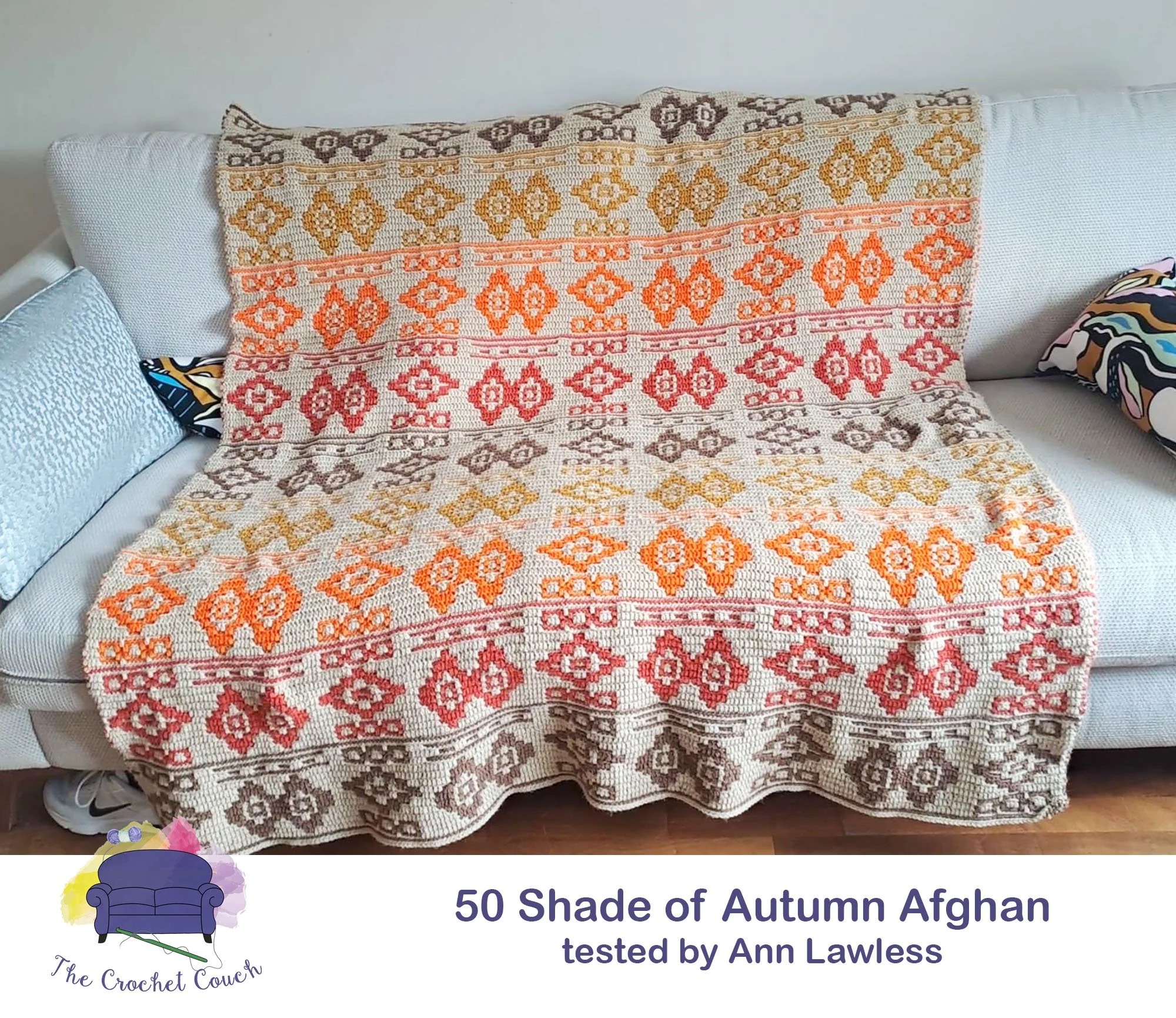 50 Shades of Autumn Mosaic afghan, crocheted in fall colors by Ann Lawless