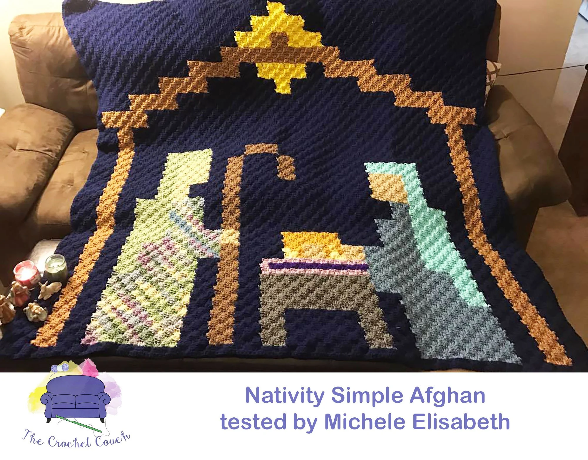 Nativity Pixel Afghan, C2C Crochet Pattern, crocheted by Michele Elisabeth using a navy blue background and Premier Yarns