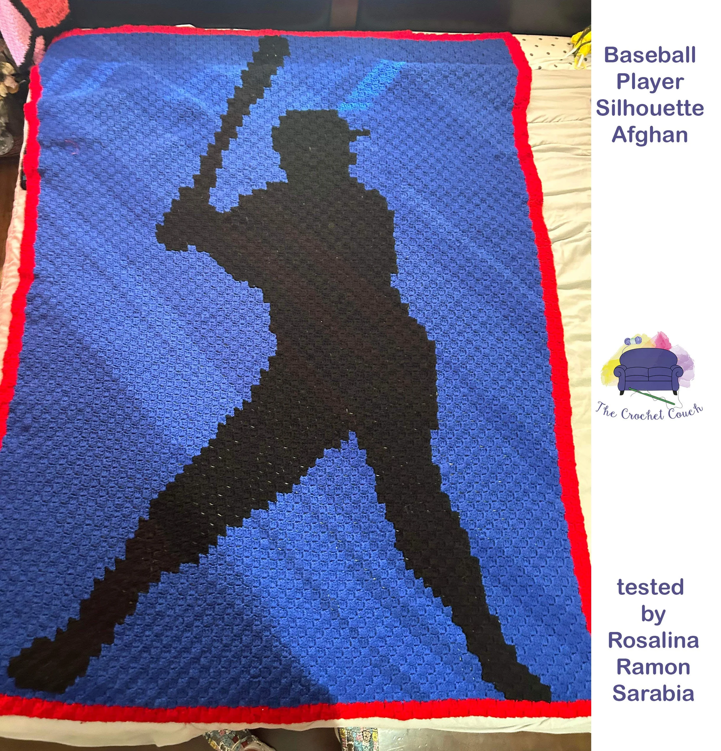 Baseball player silhouette afghan, crocheted by Rosalina Ramon Sarabia, blue background with red border