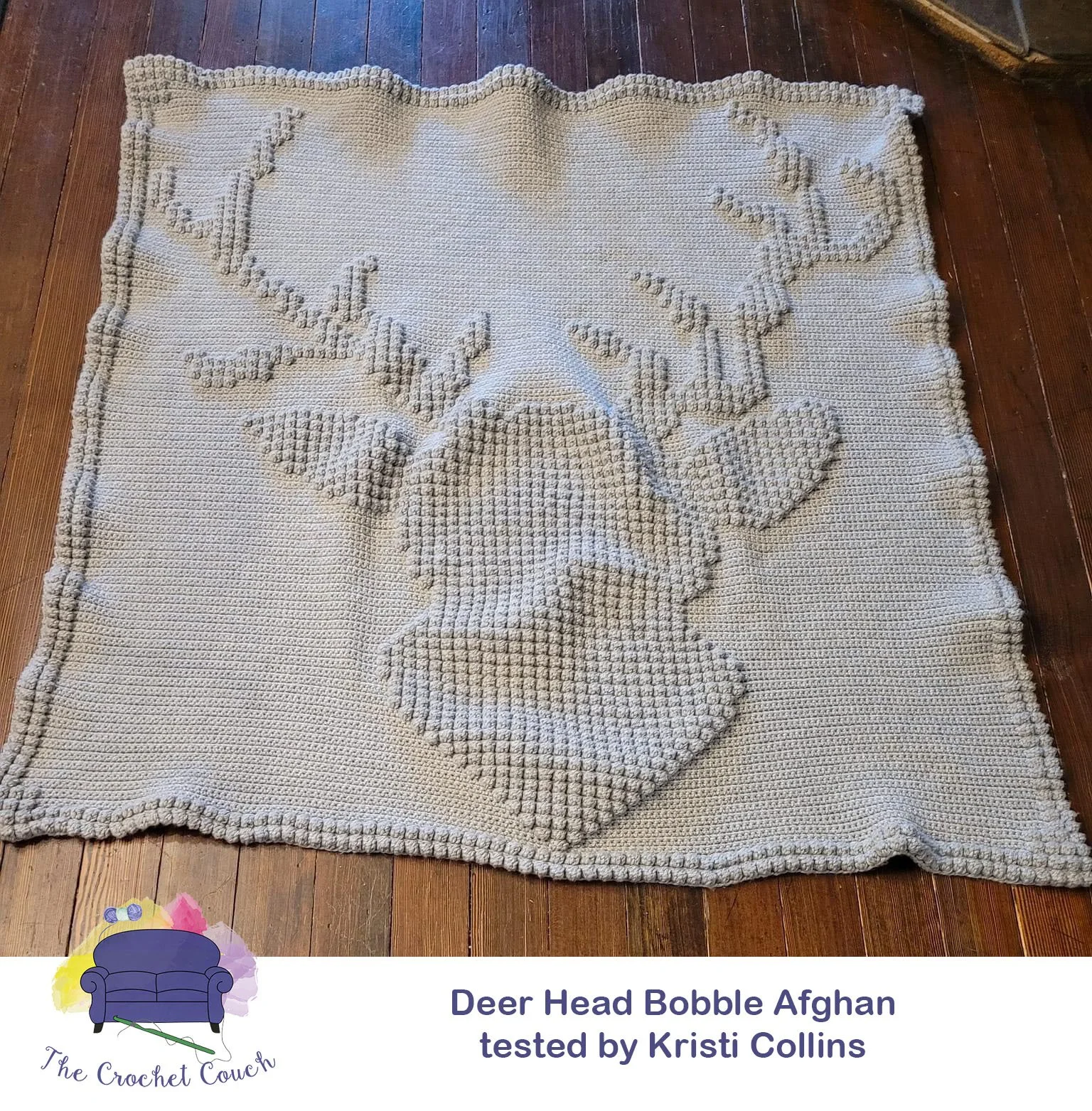 Deer Head Afghan, Bobble Crochet Pattern. Afghan done in off white and crocheted by Kristi Collins.