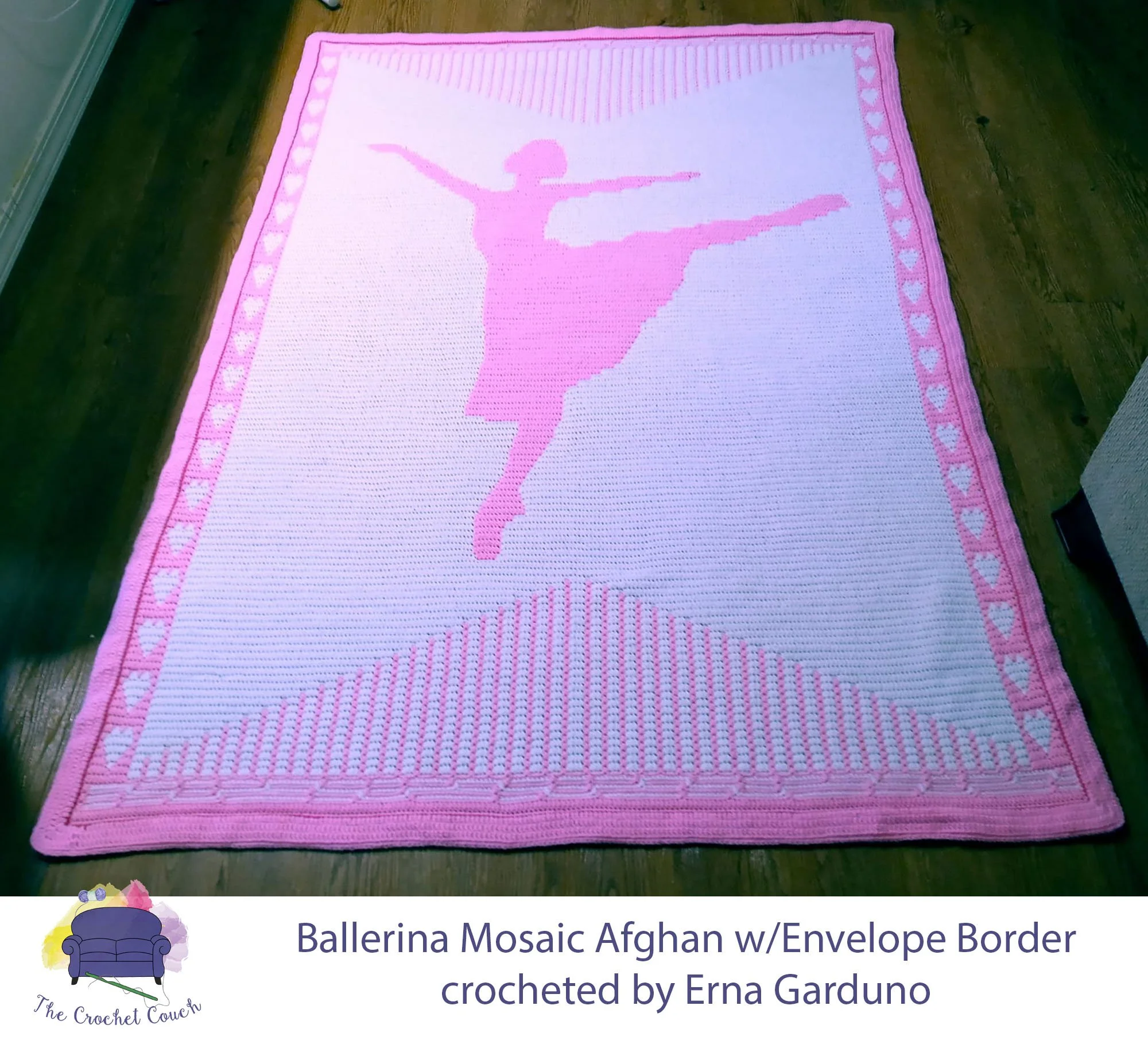 Crocheted afghan laying on floor and done using the overlay mosaic technique and shows a pink and white ballerina centered with hearts along each side.  Afghan was crocheted by Erna Garduno