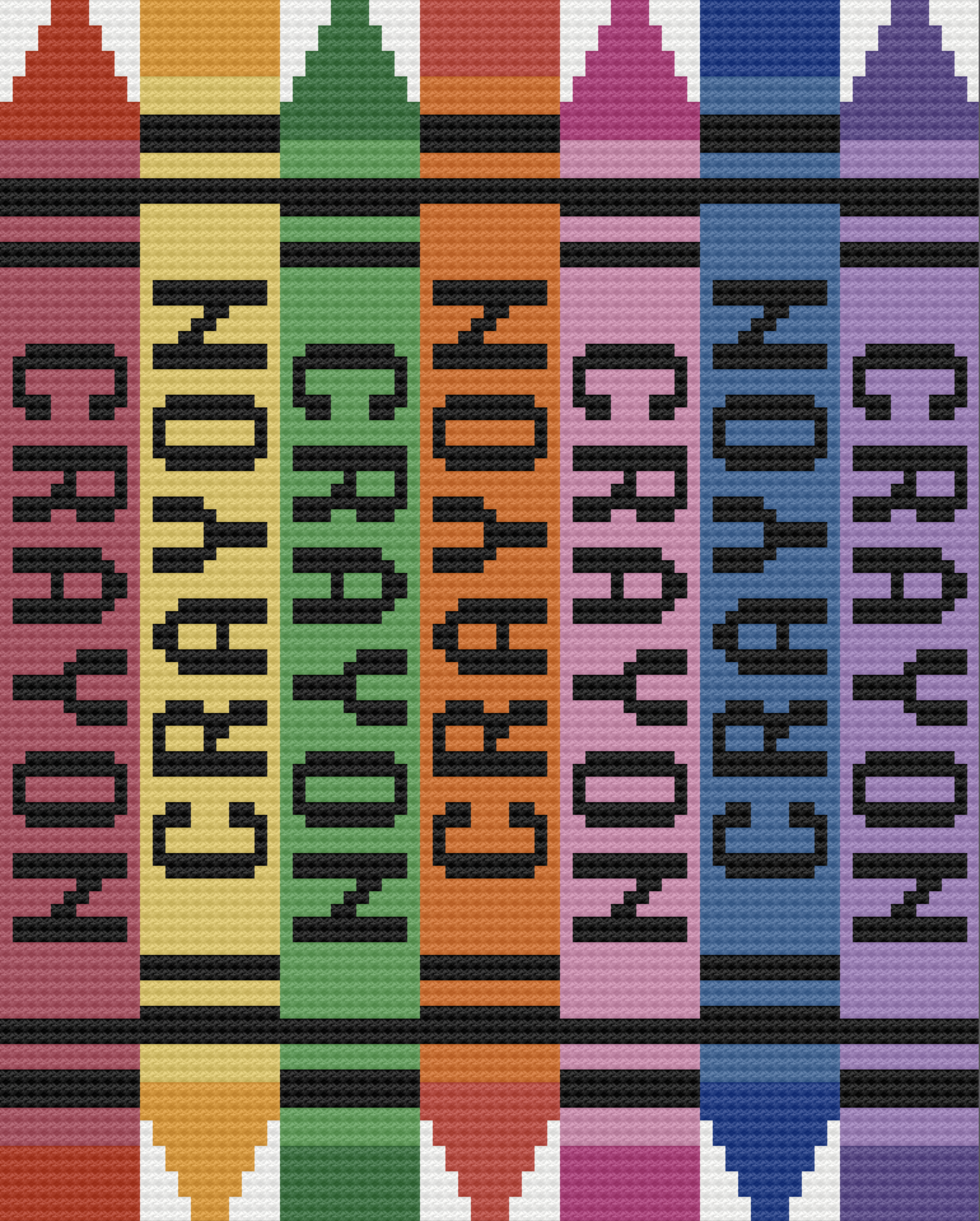Computer simulation of a crayon afghan that features 7 different crayon colors including red, yellow, green, orange, pink, purple and blue