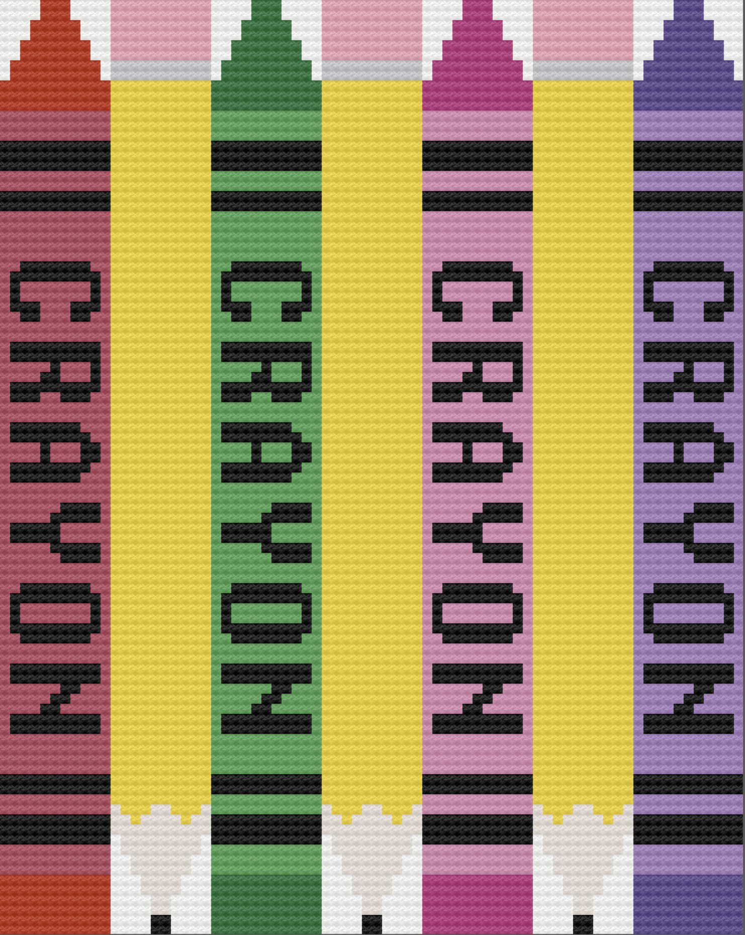Computer generated image of an afghan made up of pencils and crayons in various colors, using the corner to corner (C2C) technique