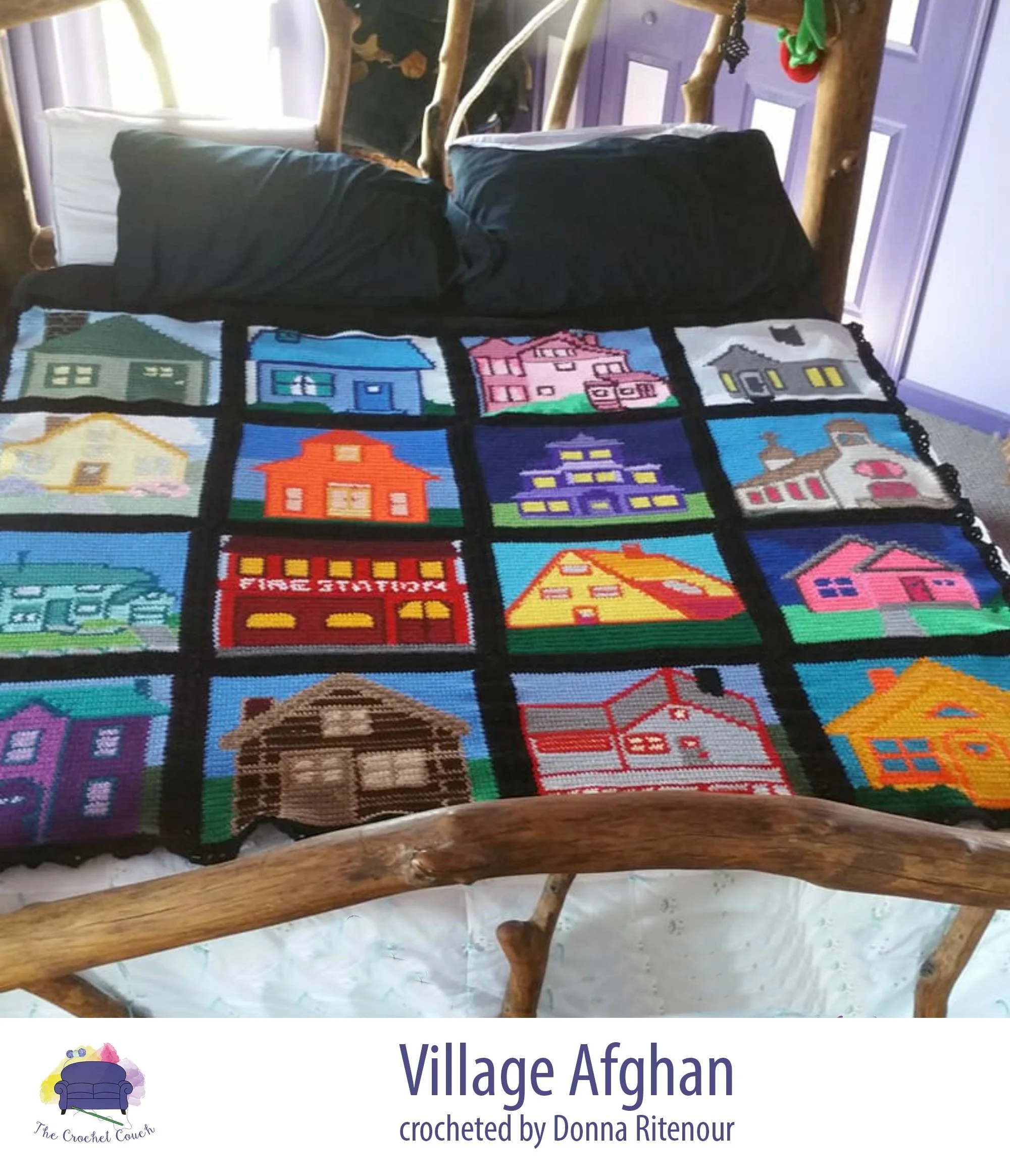 Afghan done in single crochet made up of 16 squares.  Each square is a different building in a village.