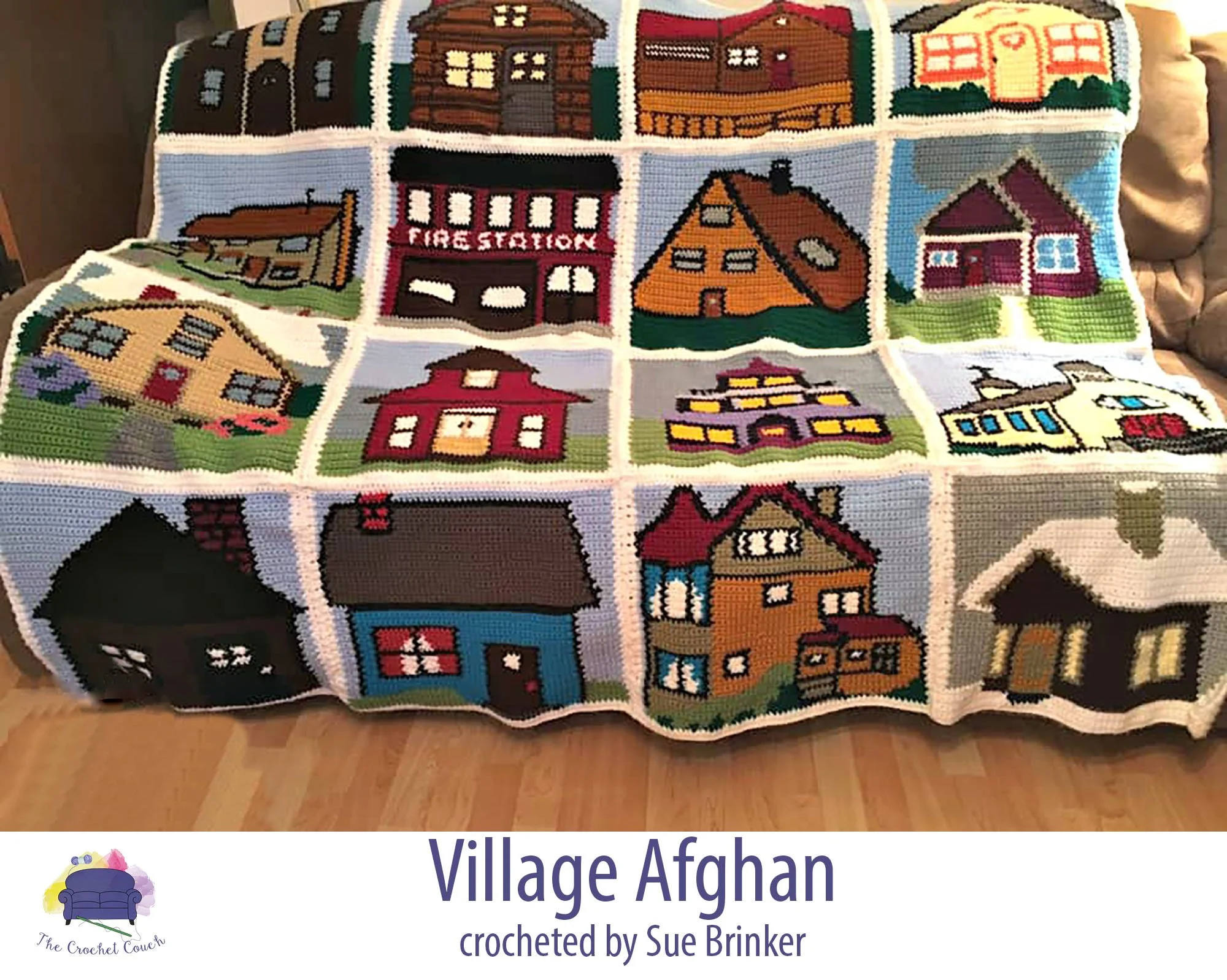 Afghan done in single crochet made up of 16 squares.  Each square is a different building in a village.