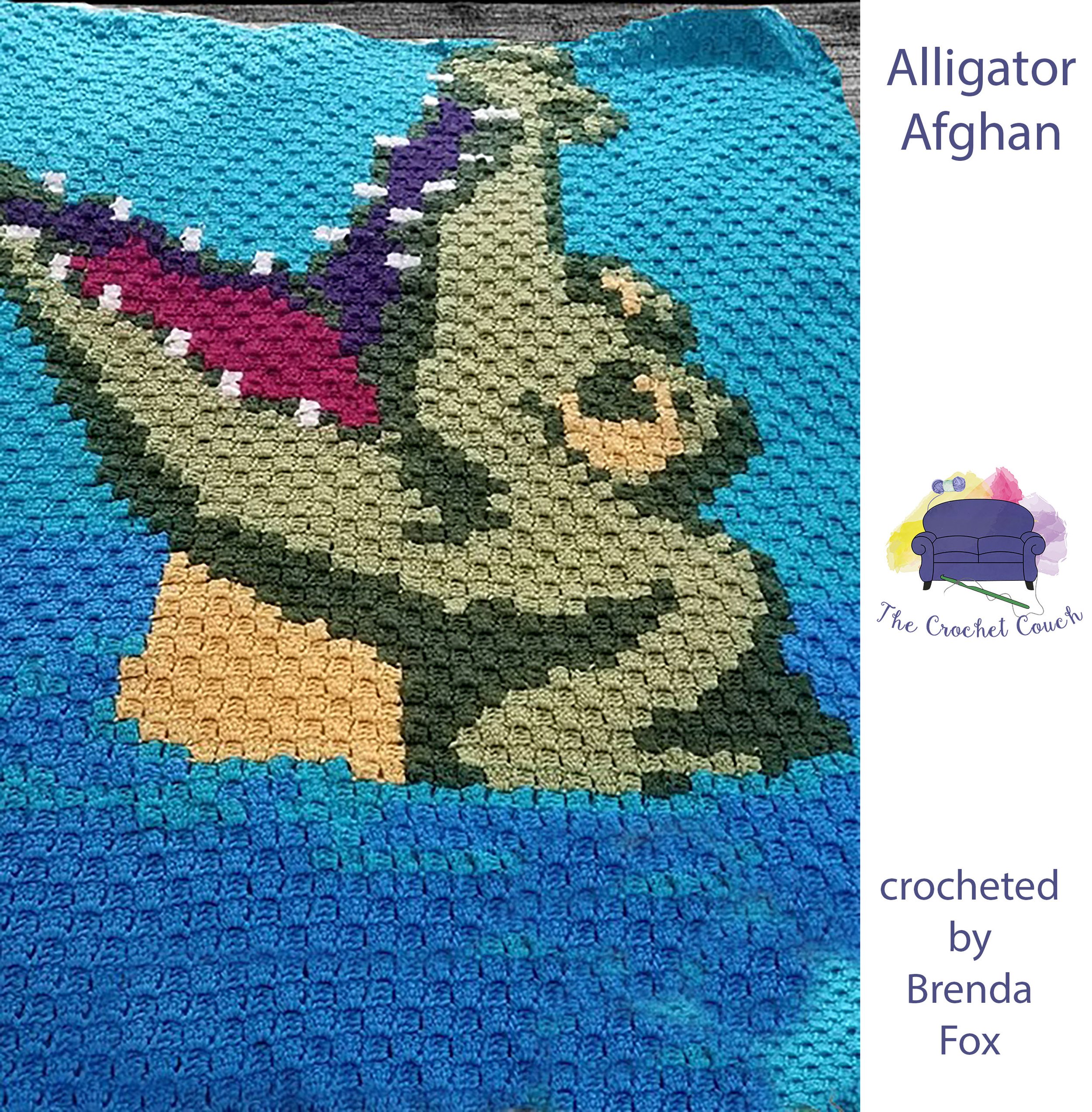 Alligator smiling coming out of the water afghan, crocheted using the C2C technique with bright colors blue, mustard, greens, rose and eggplant.