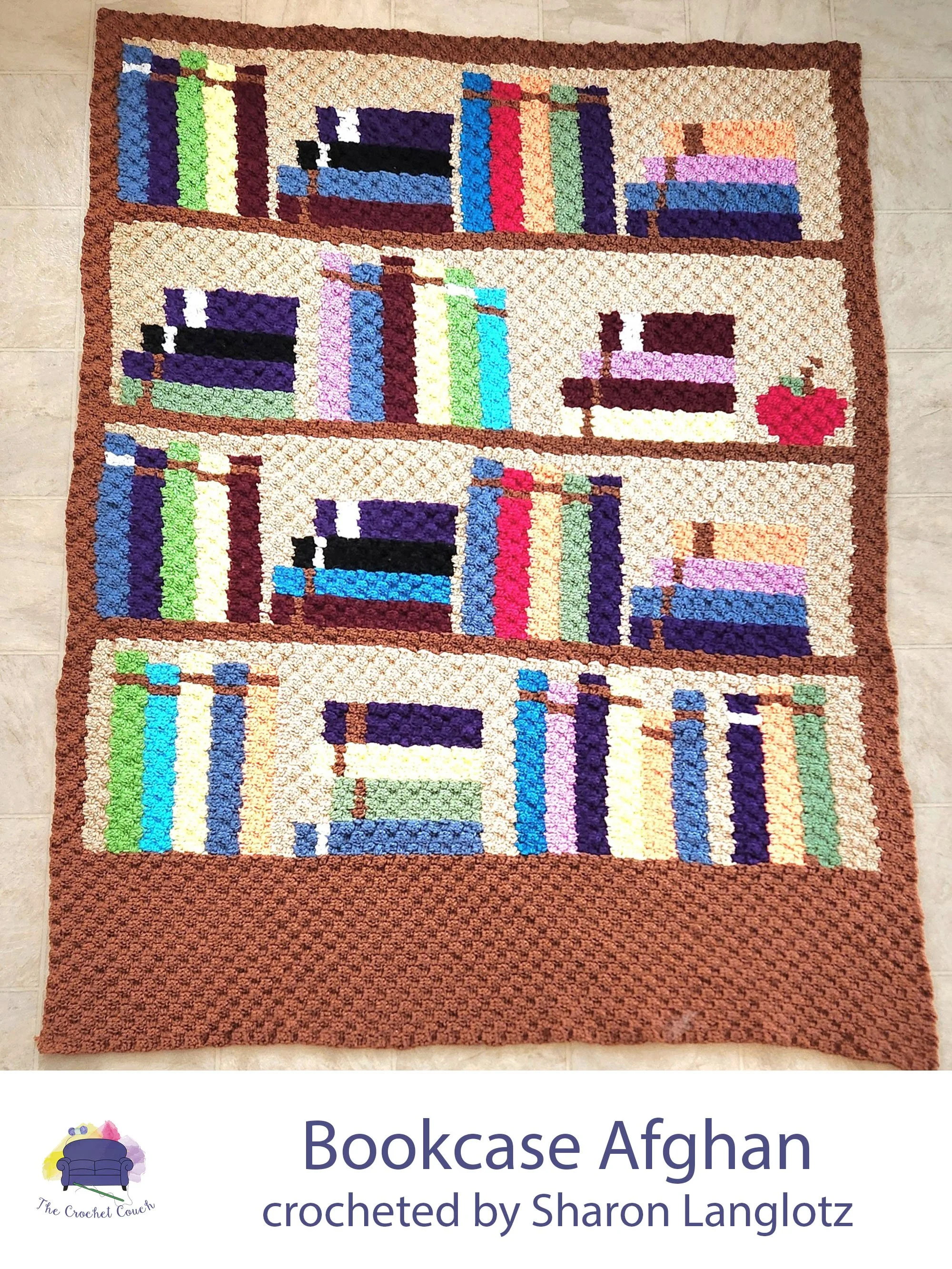 Crocheted afghan with a bookcase graphic, crocheted using the corner to corner (c2c) technique with a wide variety of colors.  Afghan was crocheted by Sharon Langlotz