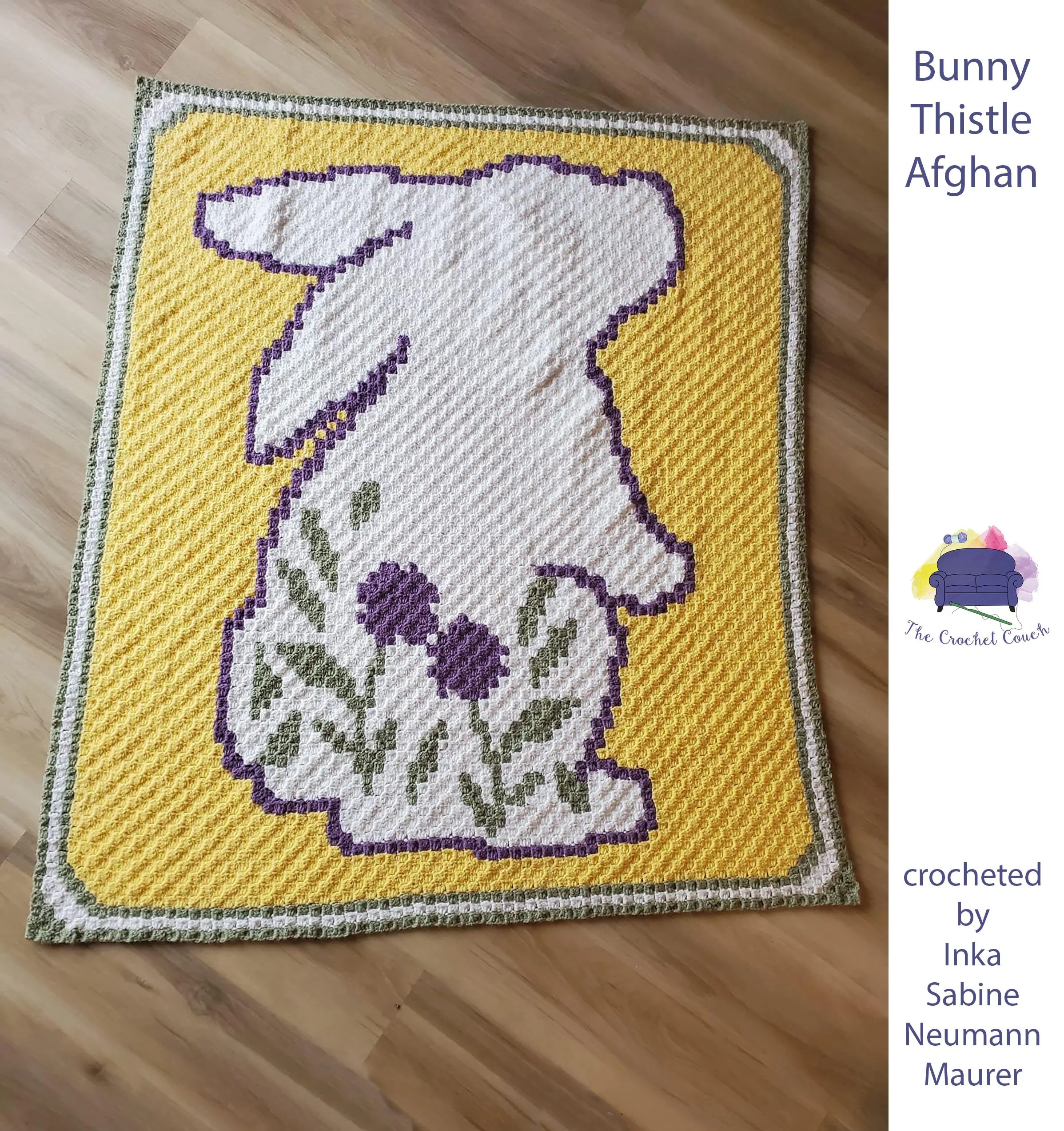 Crocheted Afghan  shown laid on floor, yellow background with a white bunny.  The bunny has some thistle flowers in his silhouette.  C2C afghan crocheted by Inka Sabine Neuman Maurer