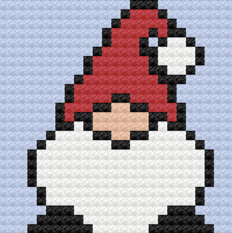 pixel art of a gnome with white beard, red hat and light blue background for our Charm Bracelet free crochet along