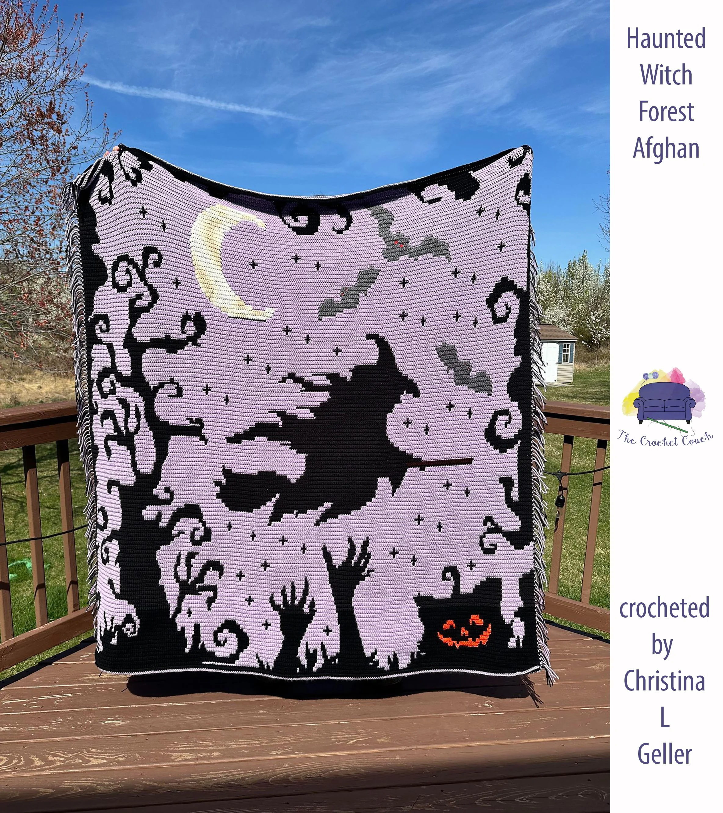 Mosaic afghan done in mostly purple and black that shows a witch flying through a scary forest.  Afghan is hanging on a clothesline